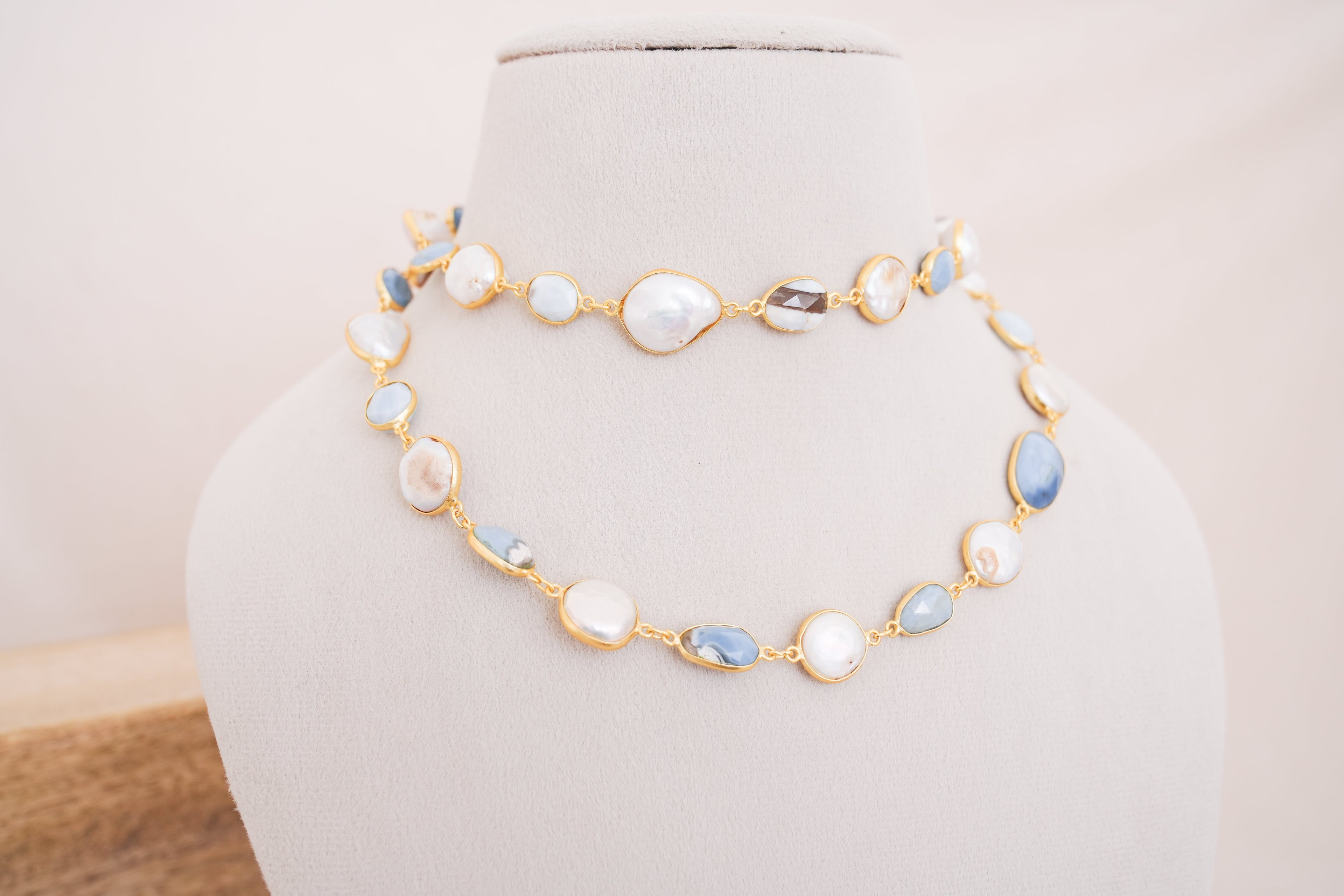 Natural Gemstone & Pearl Station Necklace