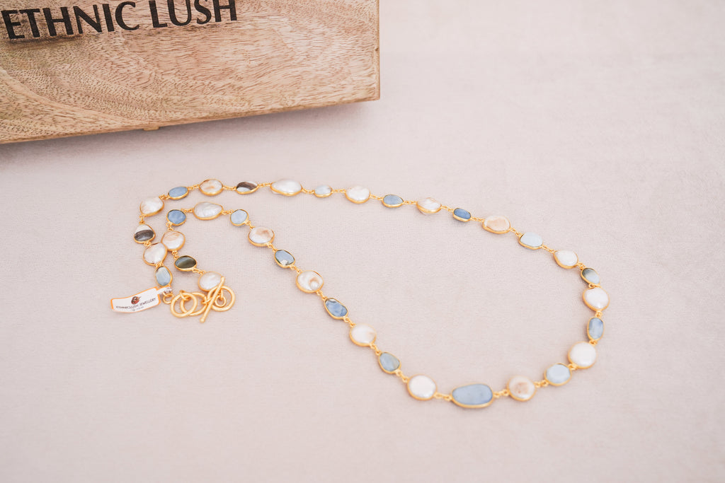 Natural Gemstone & Pearl Station Necklace