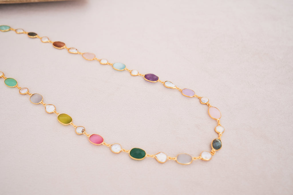 Natural Gemstone & Pearl Station Necklace