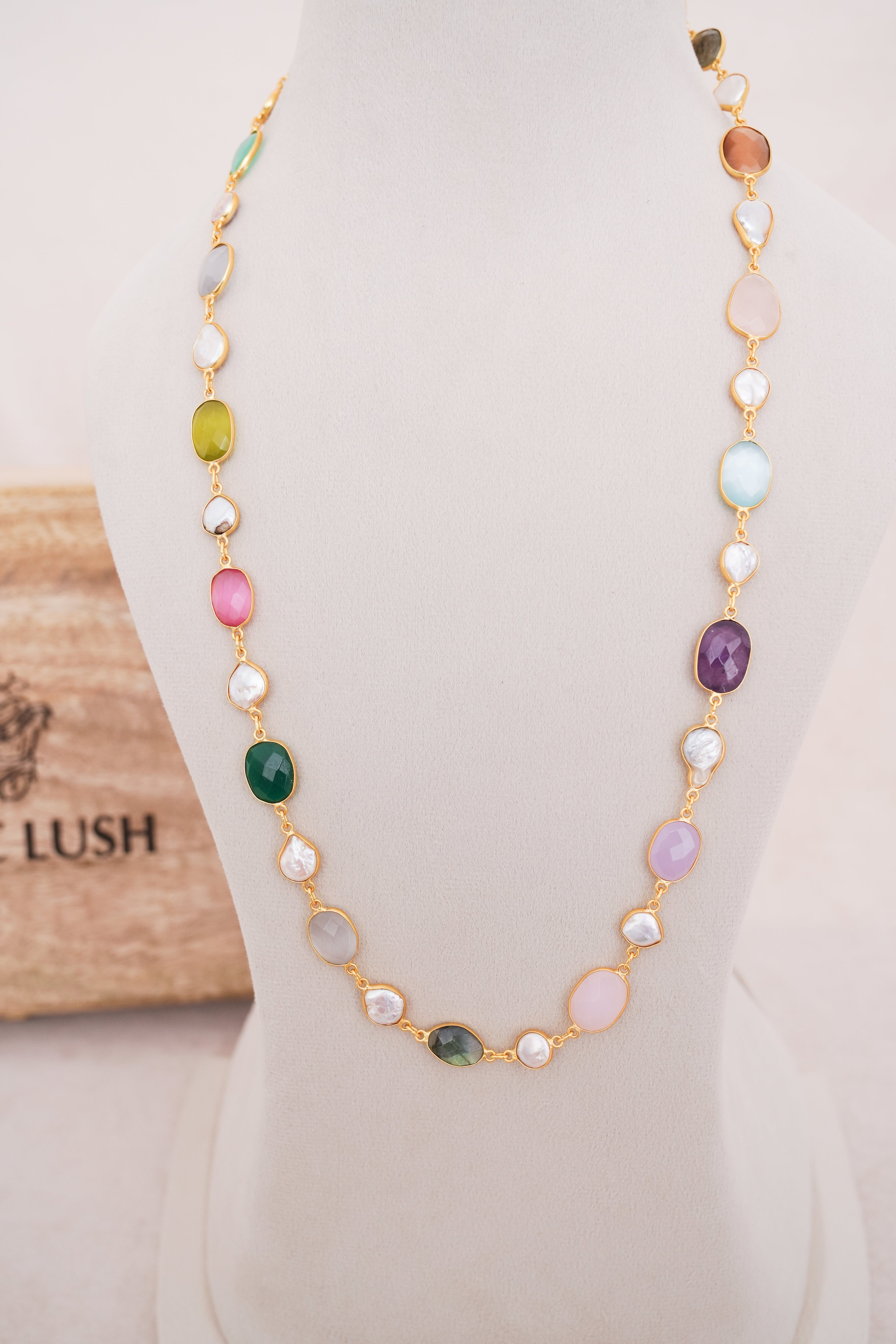 Natural Gemstone & Pearl Station Necklace
