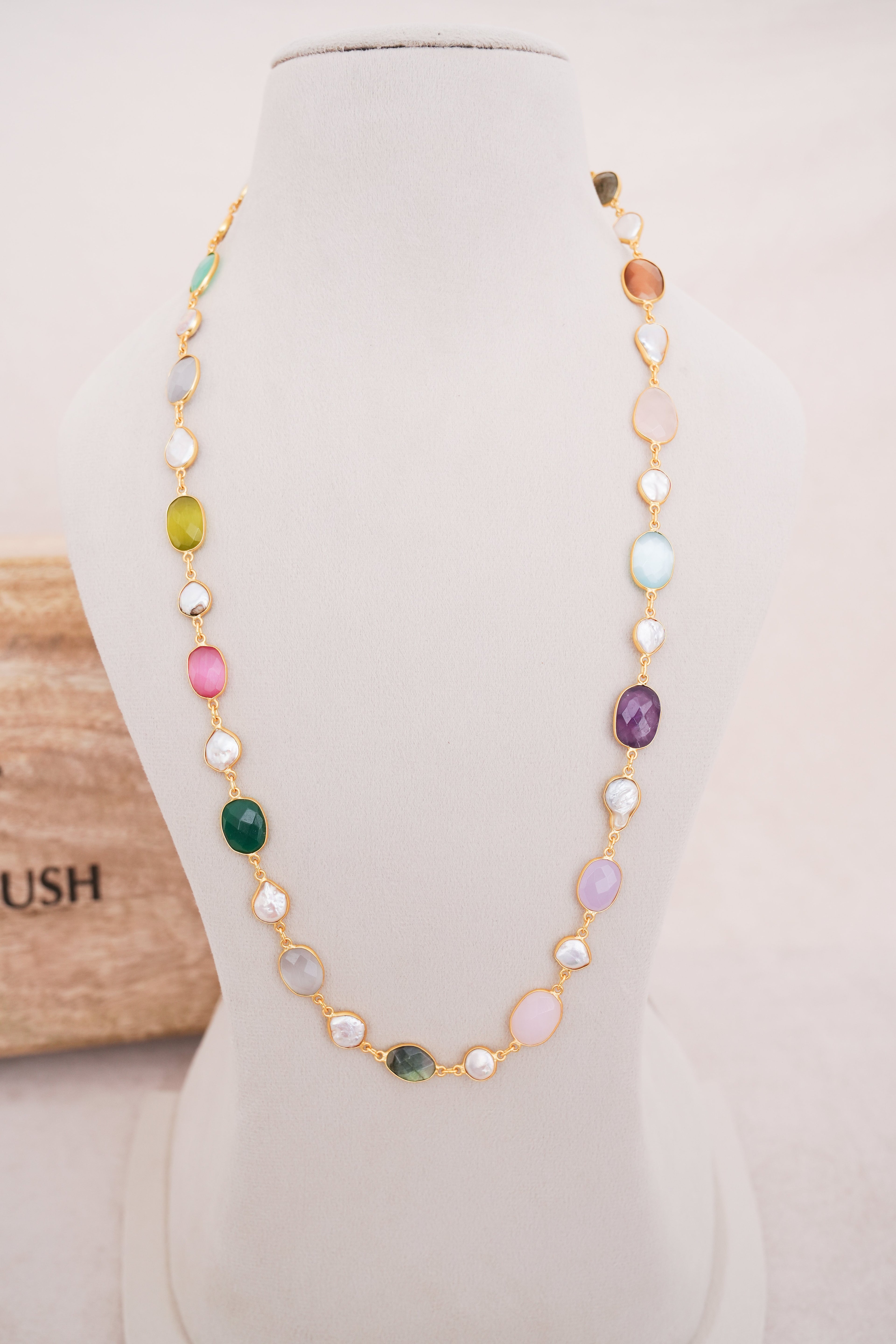 Natural Gemstone & Pearl Station Necklace