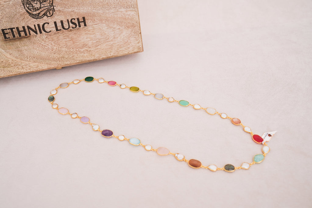 Natural Gemstone & Pearl Station Necklace