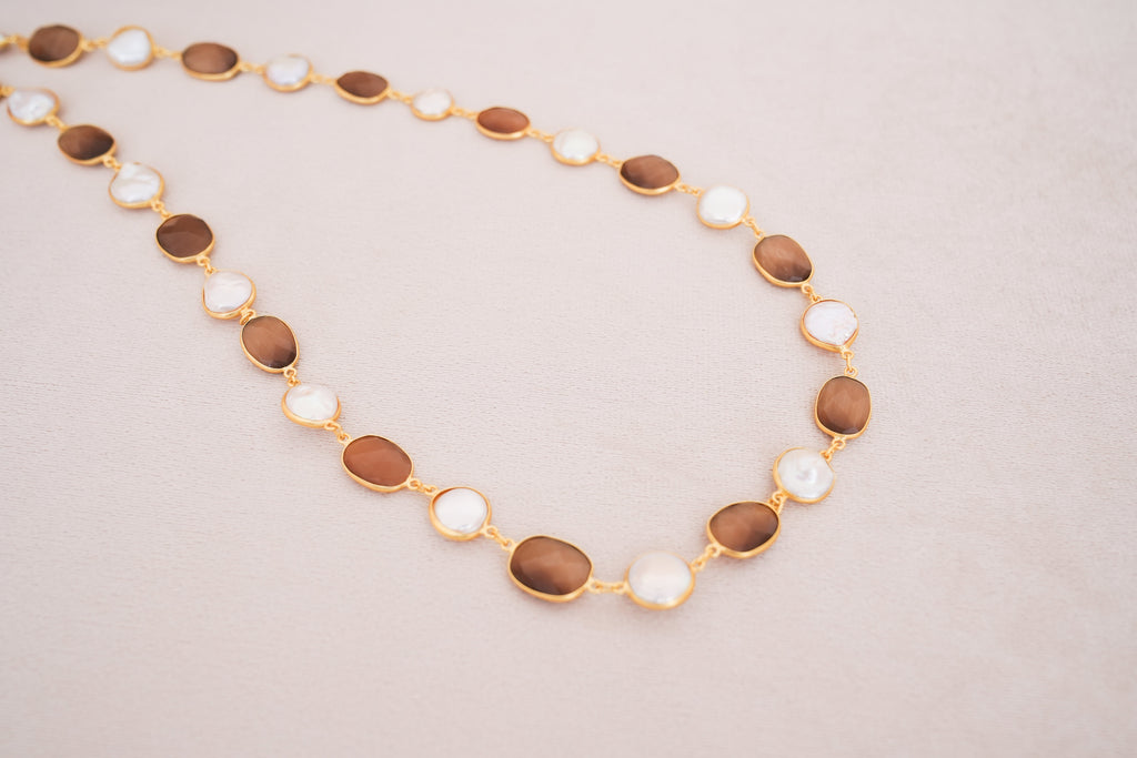Natural Gemstone & Pearl Station Necklace
