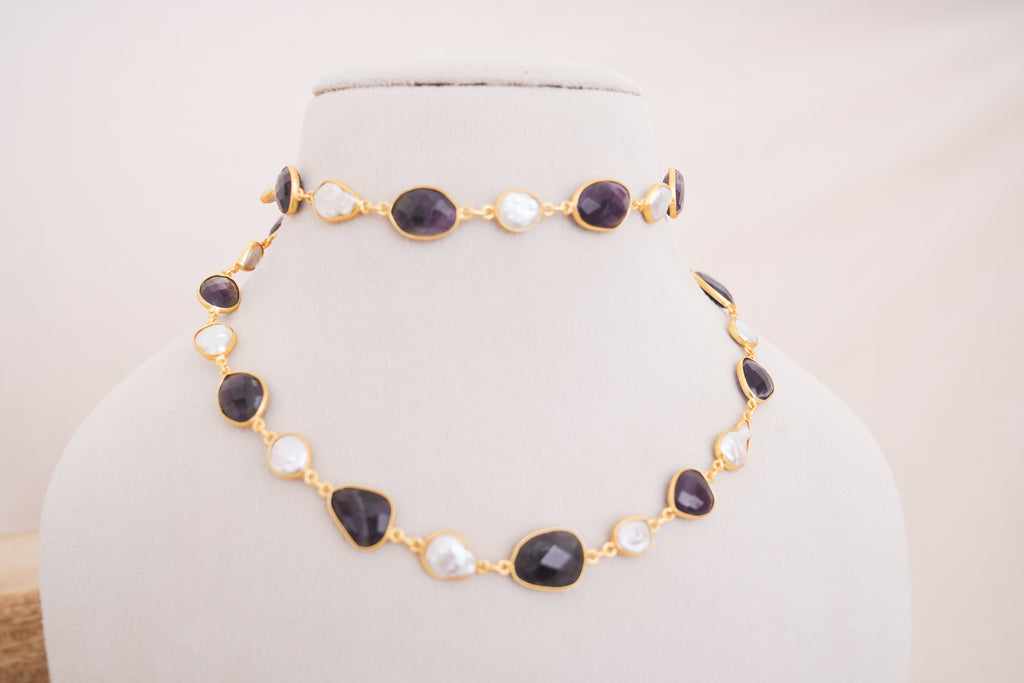 Natural Gemstone & Pearl Station Necklace