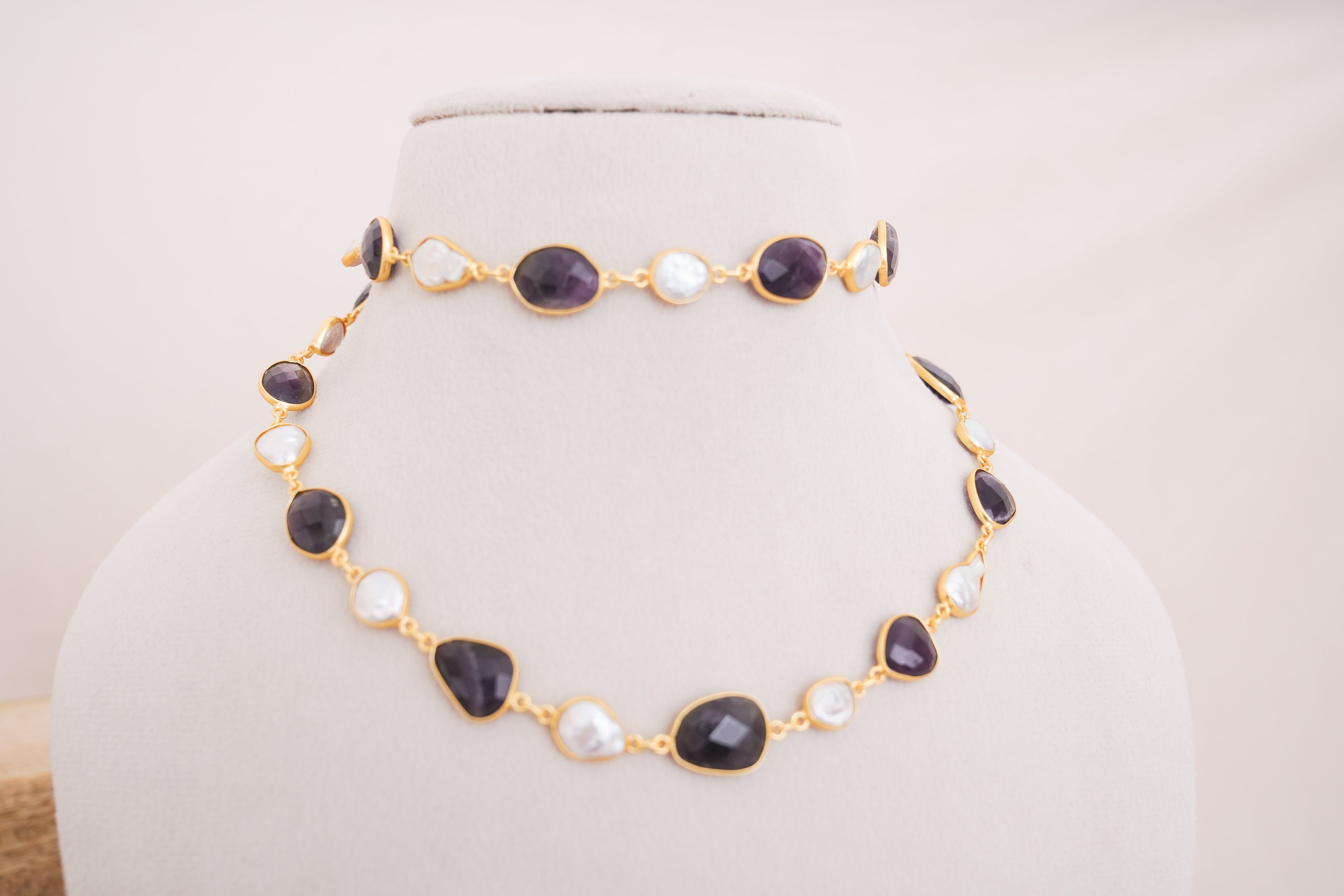 Natural Gemstone & Pearl Station Necklace