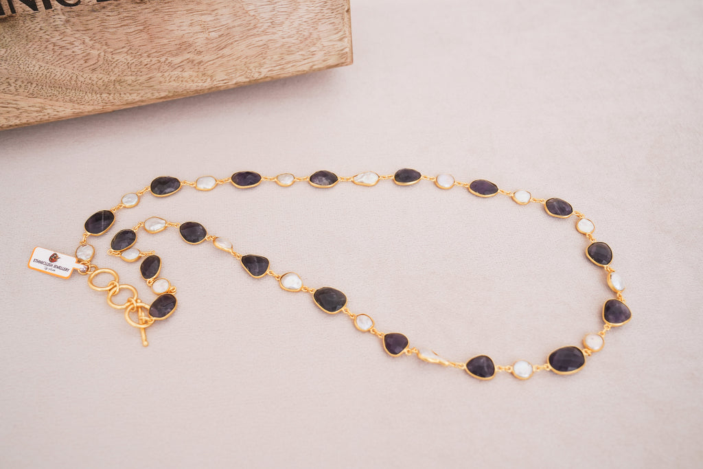 Natural Gemstone & Pearl Station Necklace