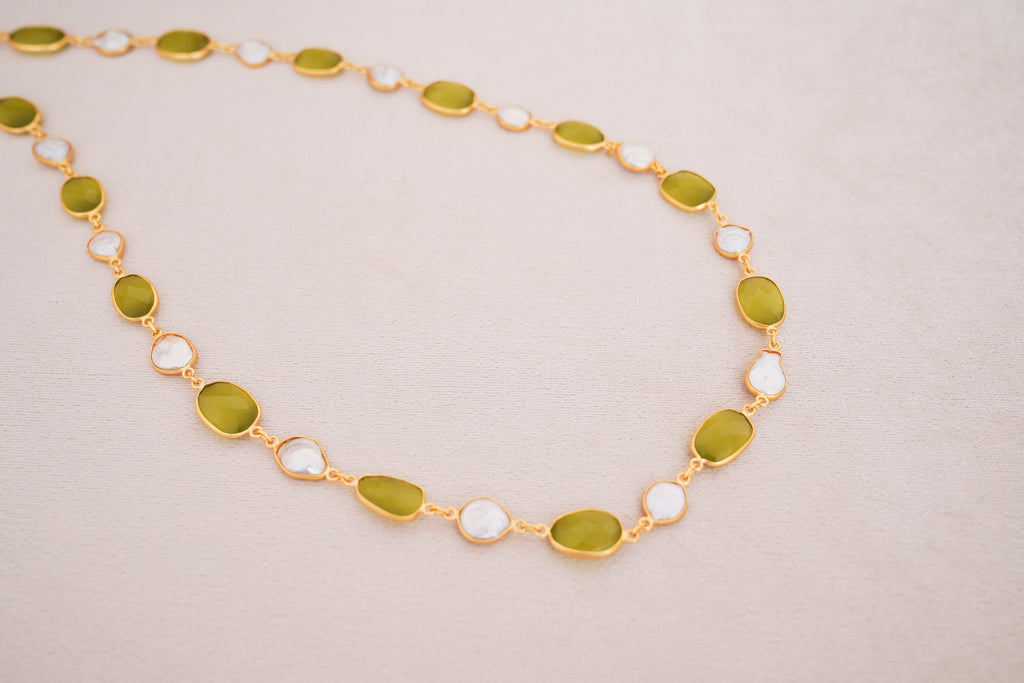 Natural Gemstone & Pearl Station Necklace