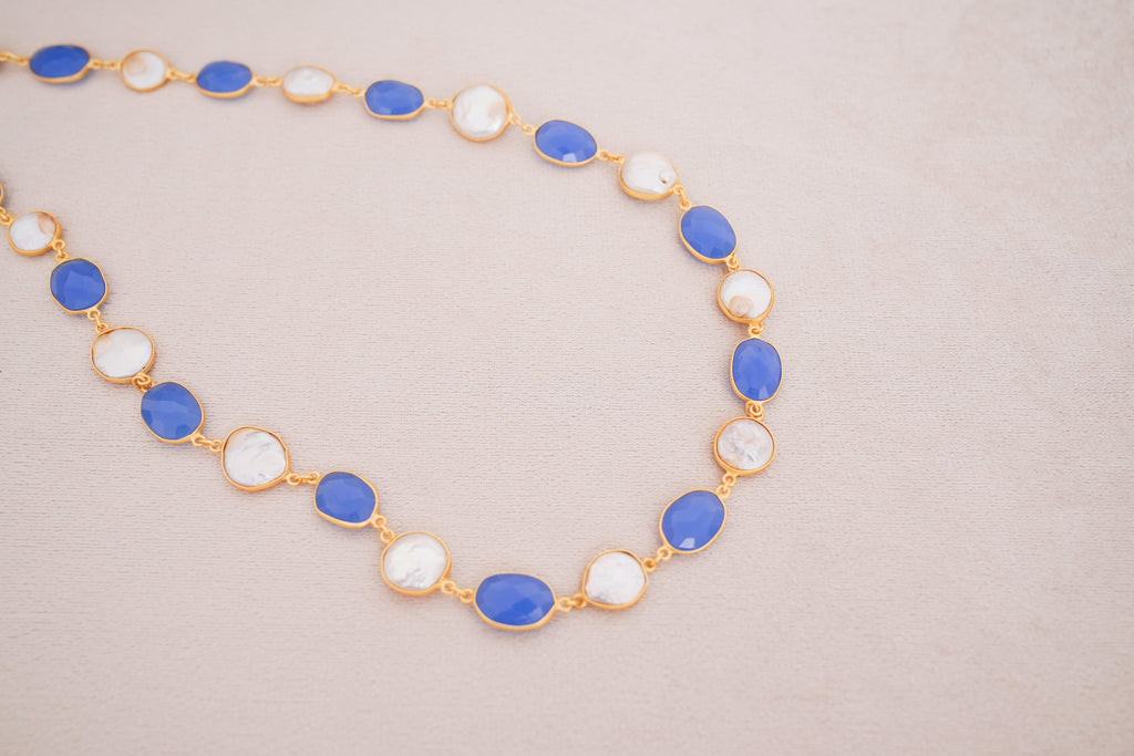 Natural Gemstone & Pearl Station Necklace
