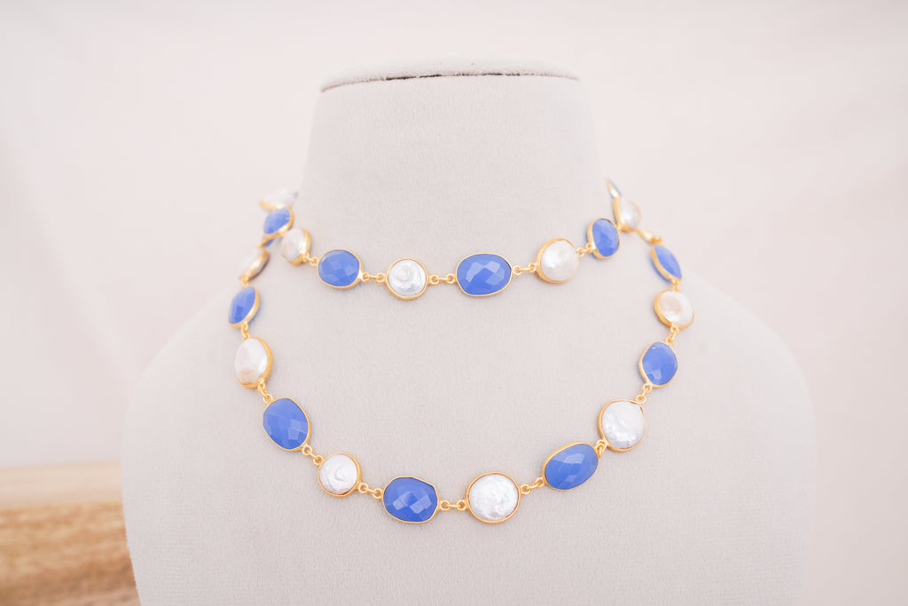 Natural Gemstone & Pearl Station Necklace