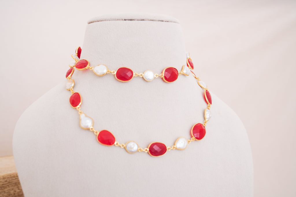 Natural Gemstone & Pearl Station Necklace