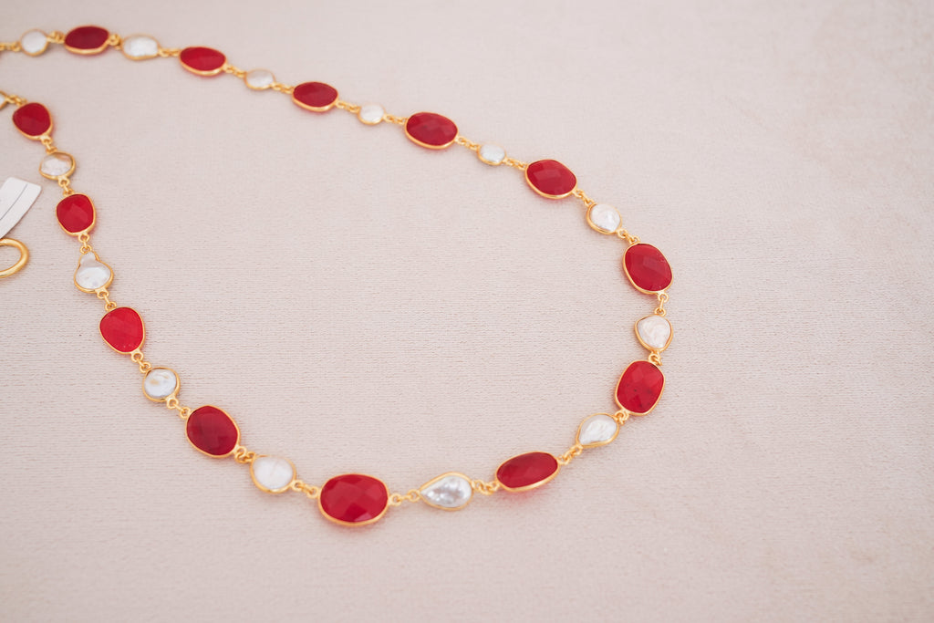 Natural Gemstone & Pearl Station Necklace