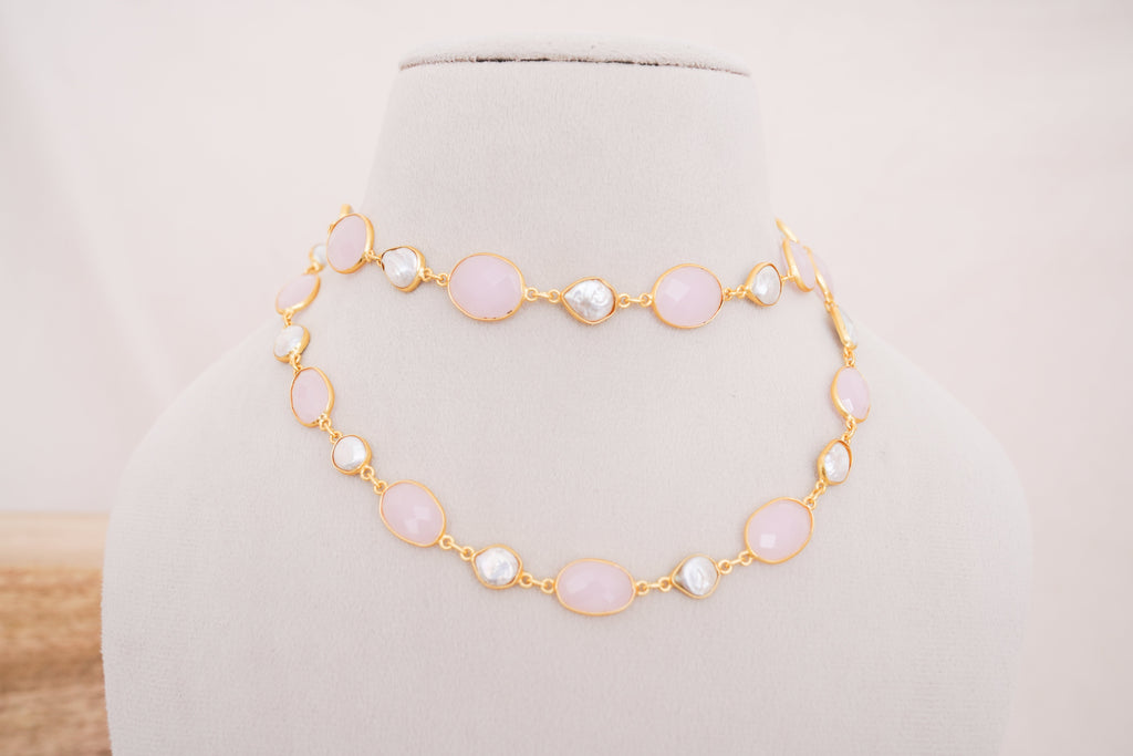 Natural Gemstone & Pearl Station Necklace