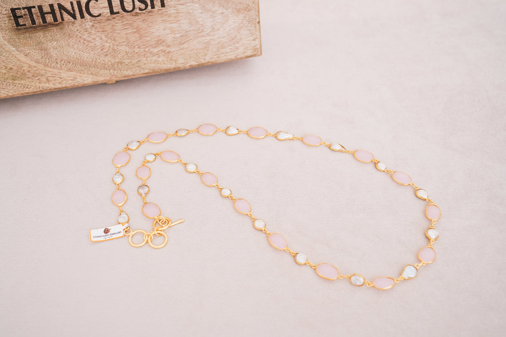 Natural Gemstone & Pearl Station Necklace