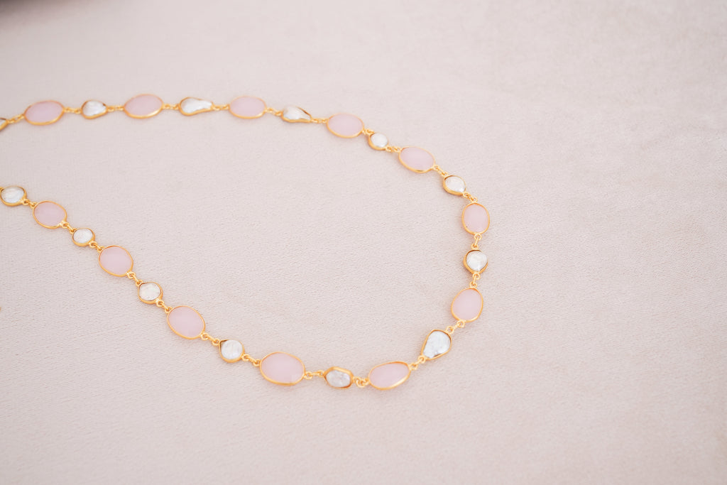 Natural Gemstone & Pearl Station Necklace