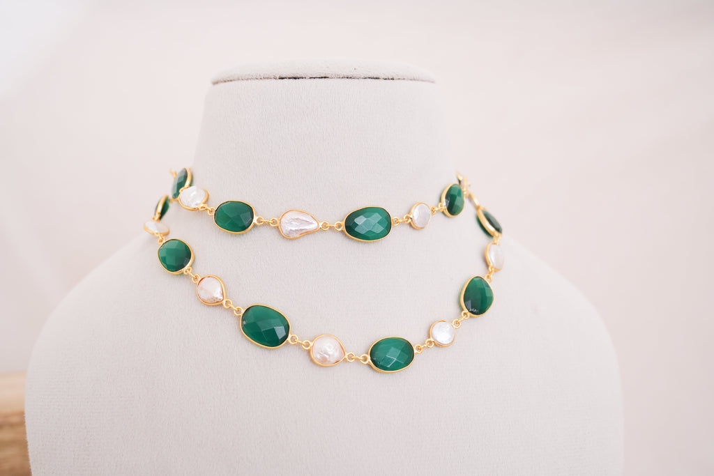 Natural Gemstone & Pearl Station Necklace