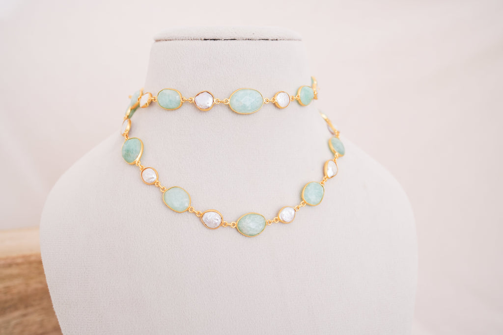 Natural Gemstone & Pearl Station Necklace