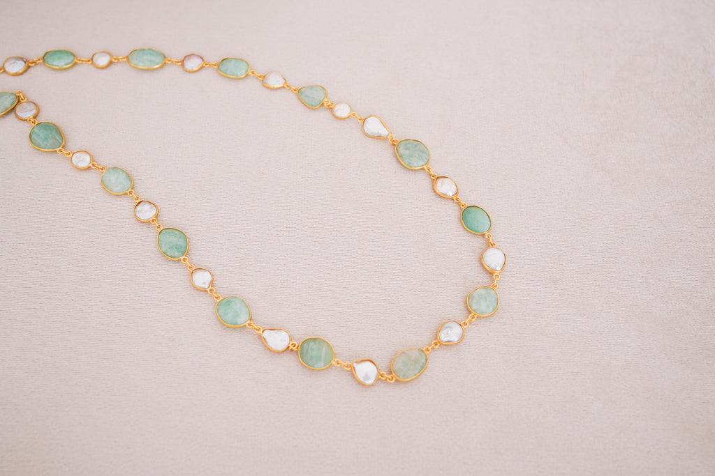 Natural Gemstone & Pearl Station Necklace
