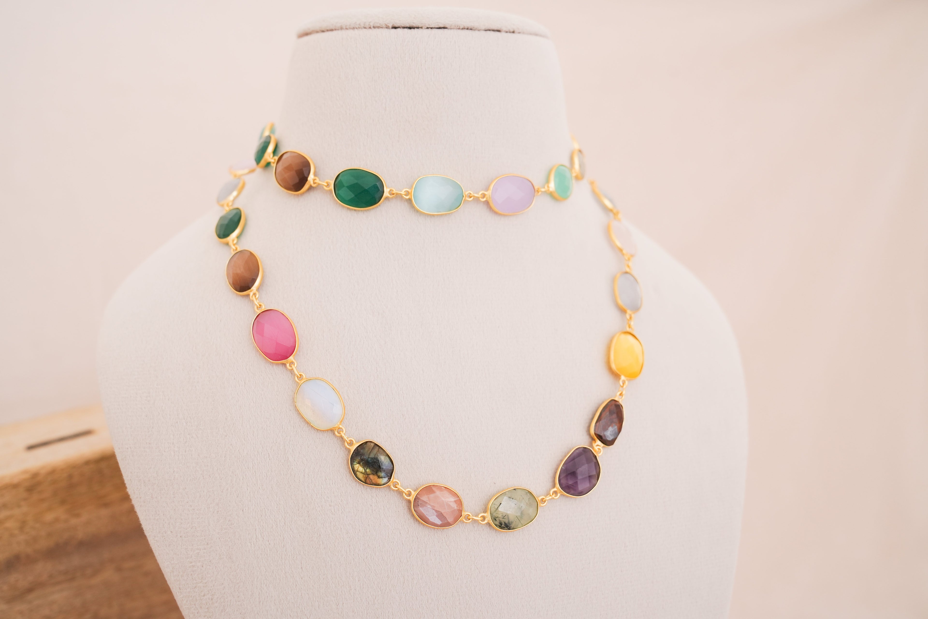 Natural Gemstone Bezel Station Necklace | Gold Finish | Multiple Stone Variants