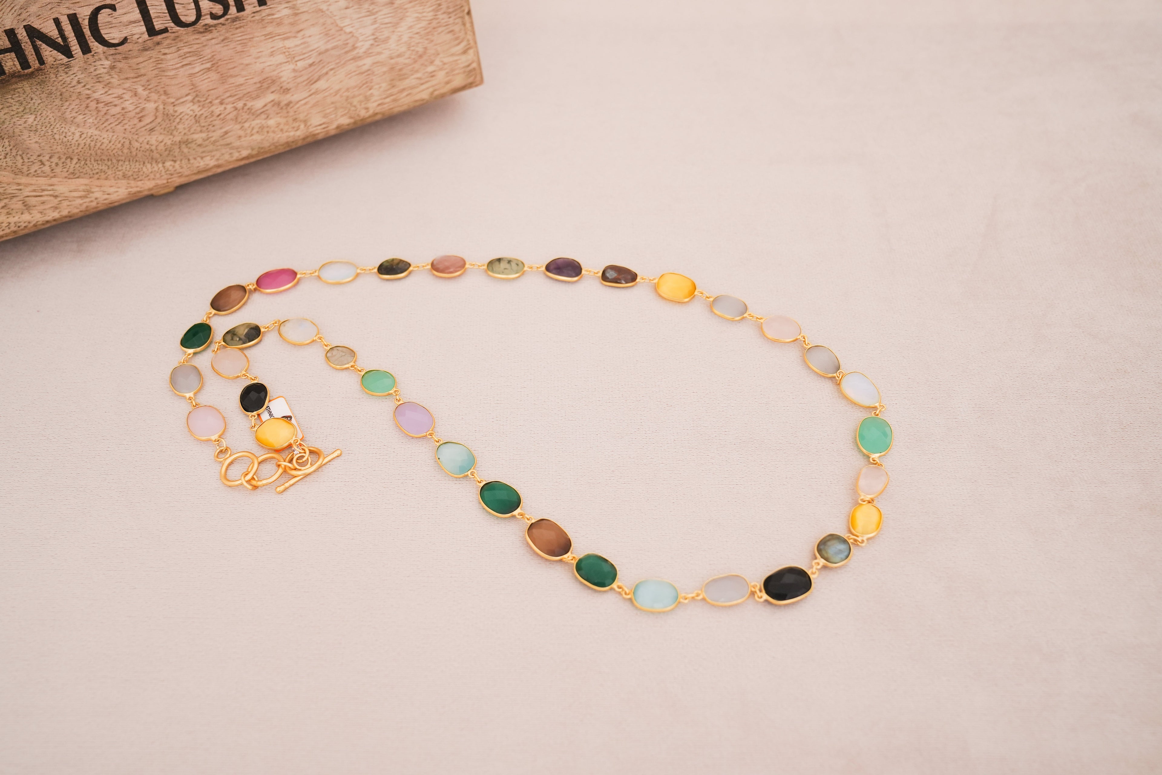 Natural Gemstone Bezel Station Necklace | Gold Finish | Multiple Stone Variants