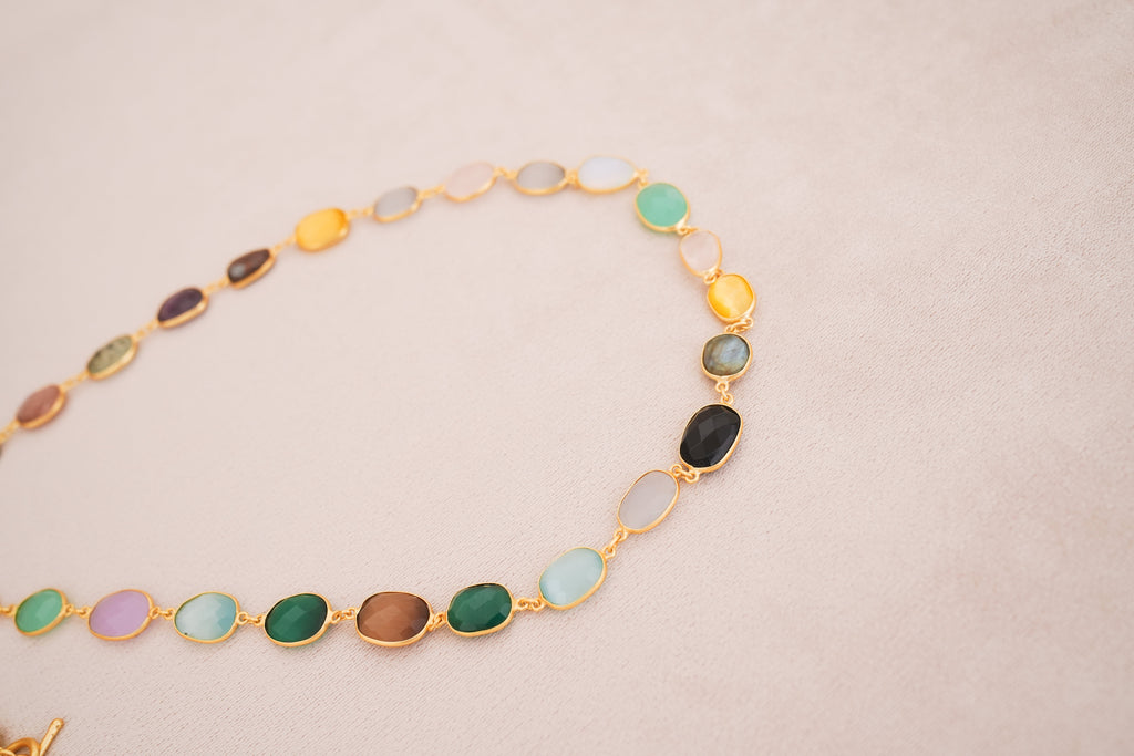 Natural Gemstone Bezel Station Necklace | Gold Finish | Multiple Stone Variants