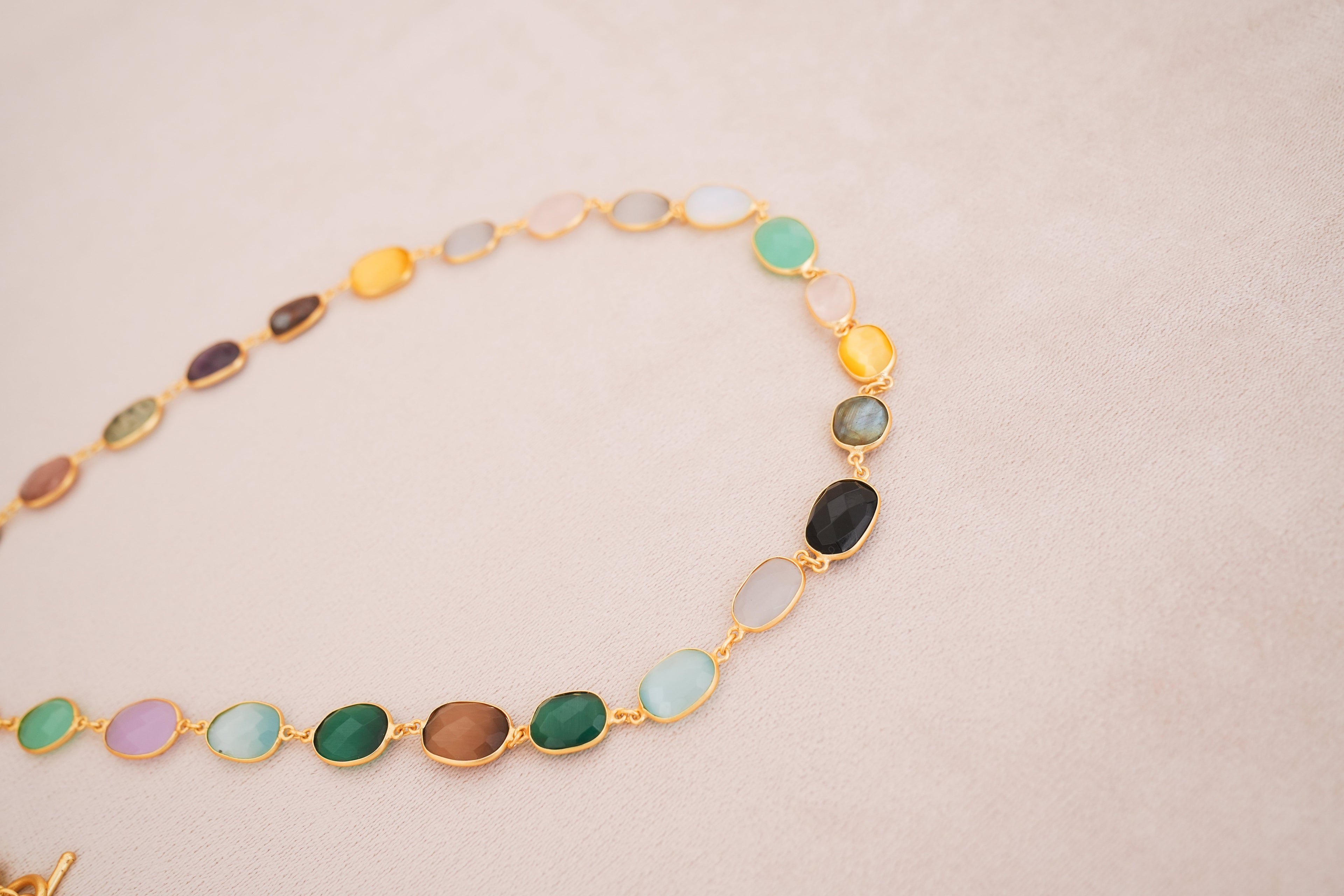 Natural Gemstone Bezel Station Necklace | Gold Finish | Multiple Stone Variants