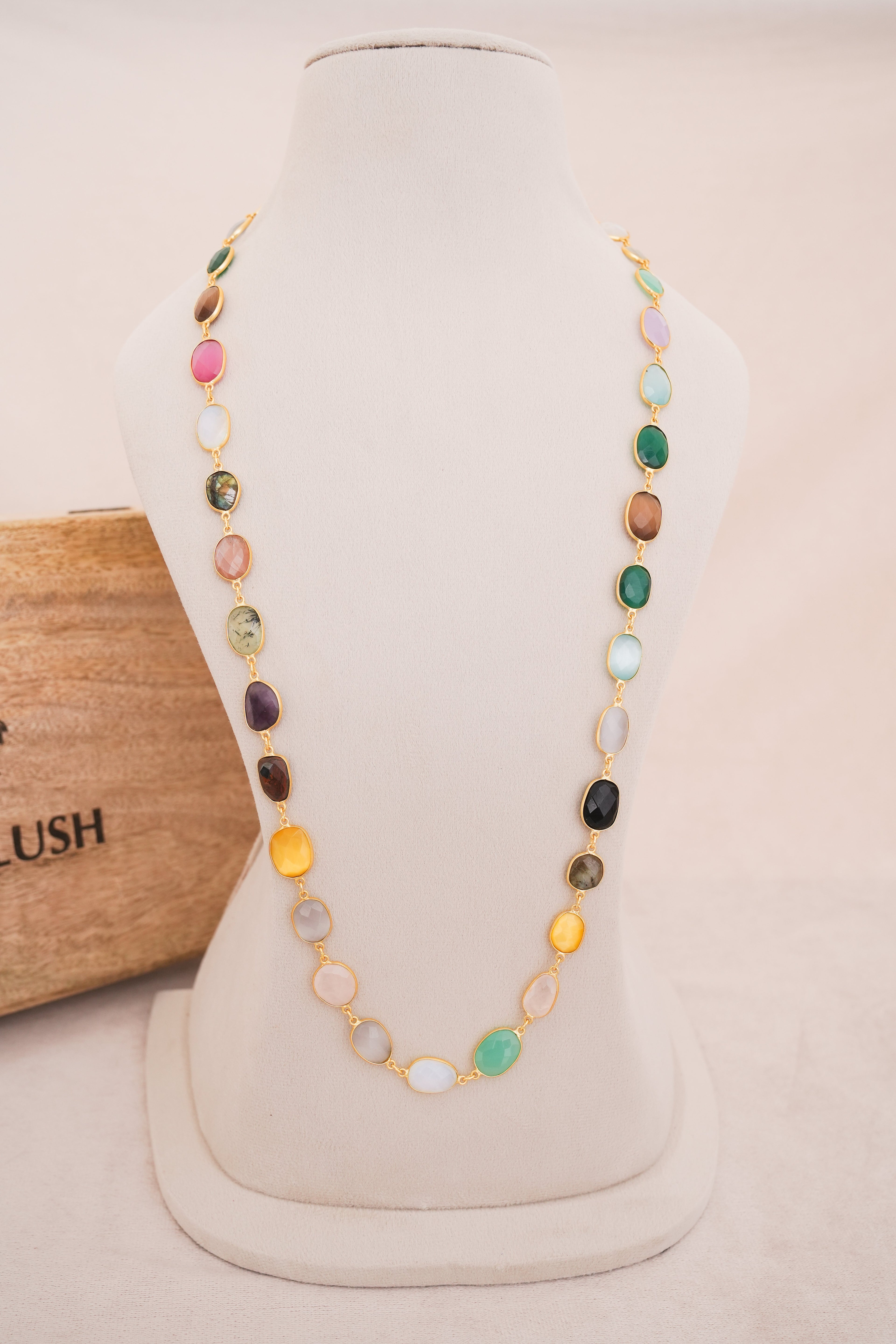 Natural Gemstone Bezel Station Necklace | Gold Finish | Multiple Stone Variants