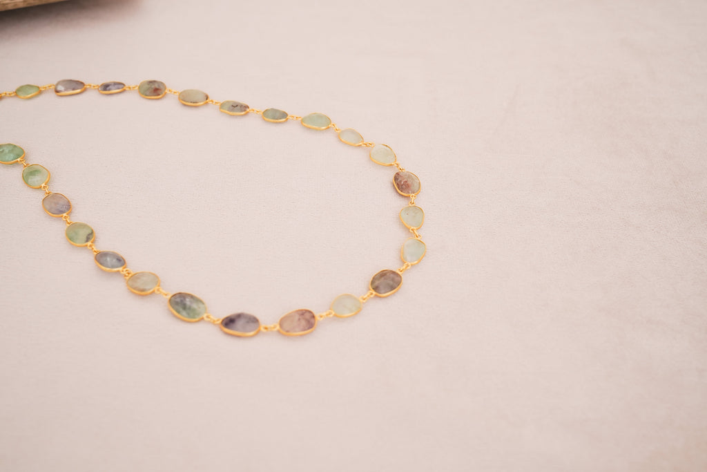 Natural Gemstone Bezel Station Necklace | Gold Finish | Multiple Stone Variants