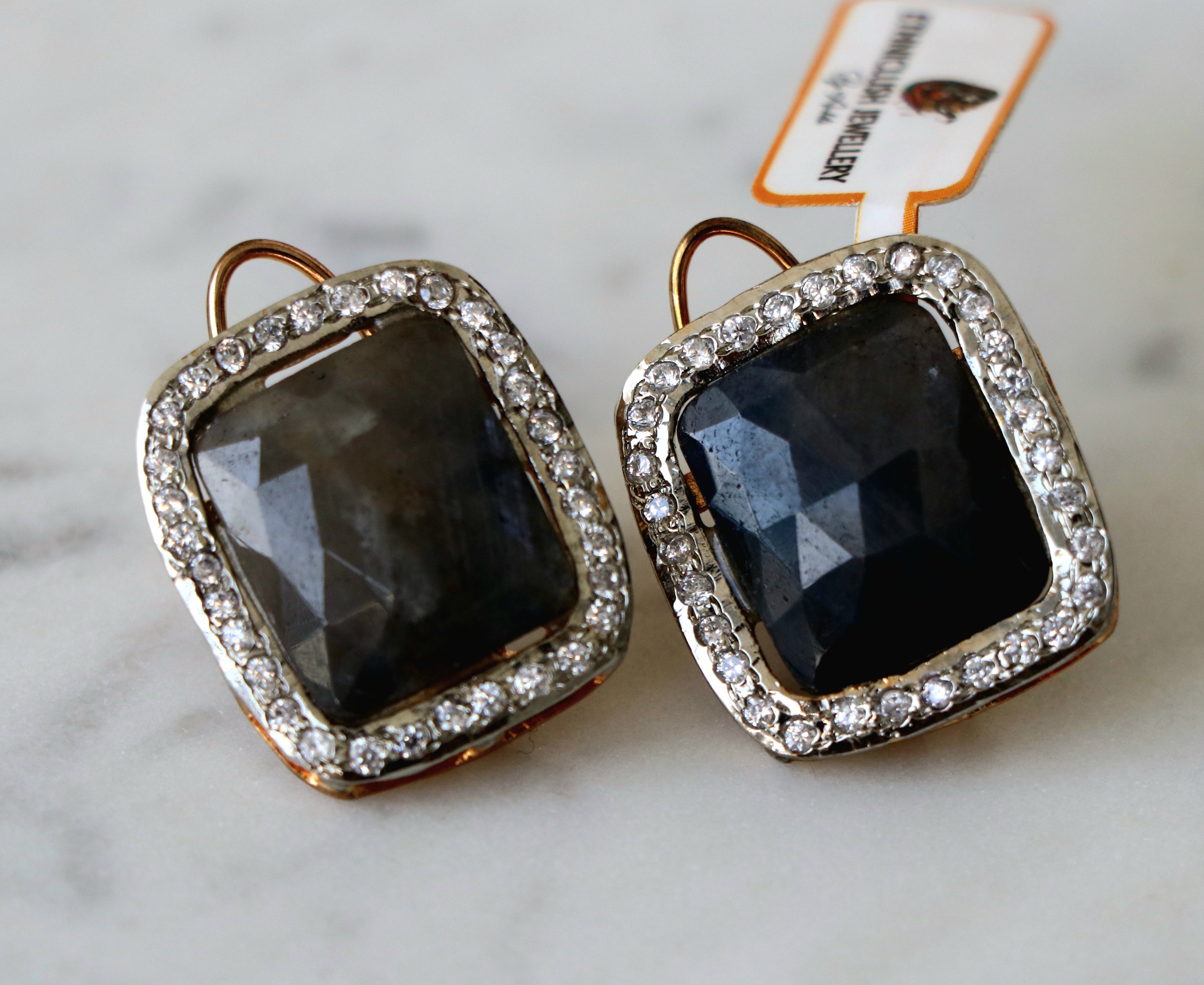 Smoky  Sapphire Square Halo Earrings