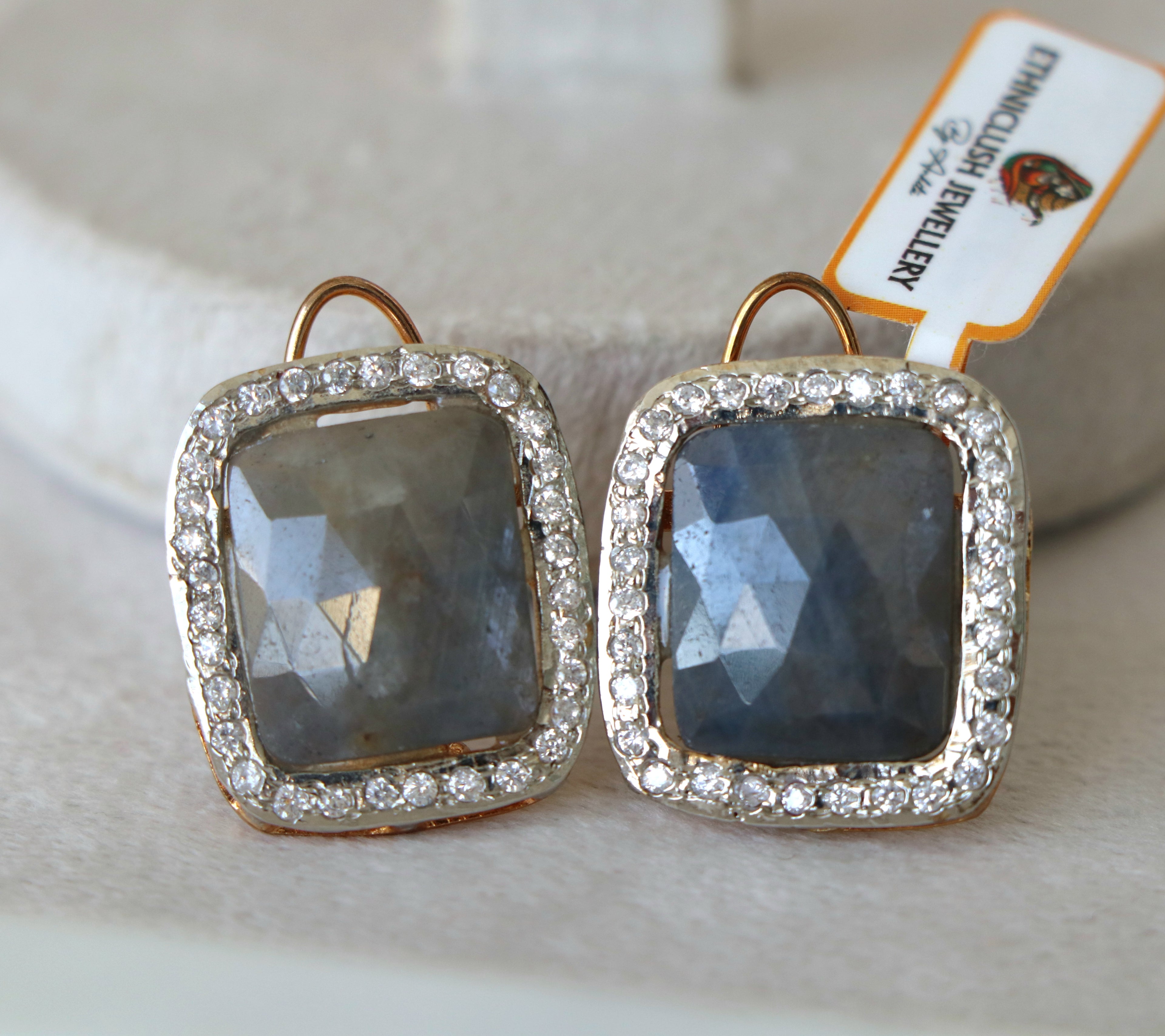 Smoky  Sapphire Square Halo Earrings