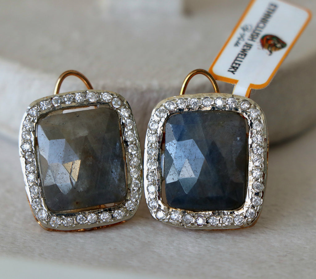 Smoky  Sapphire Square Halo Earrings