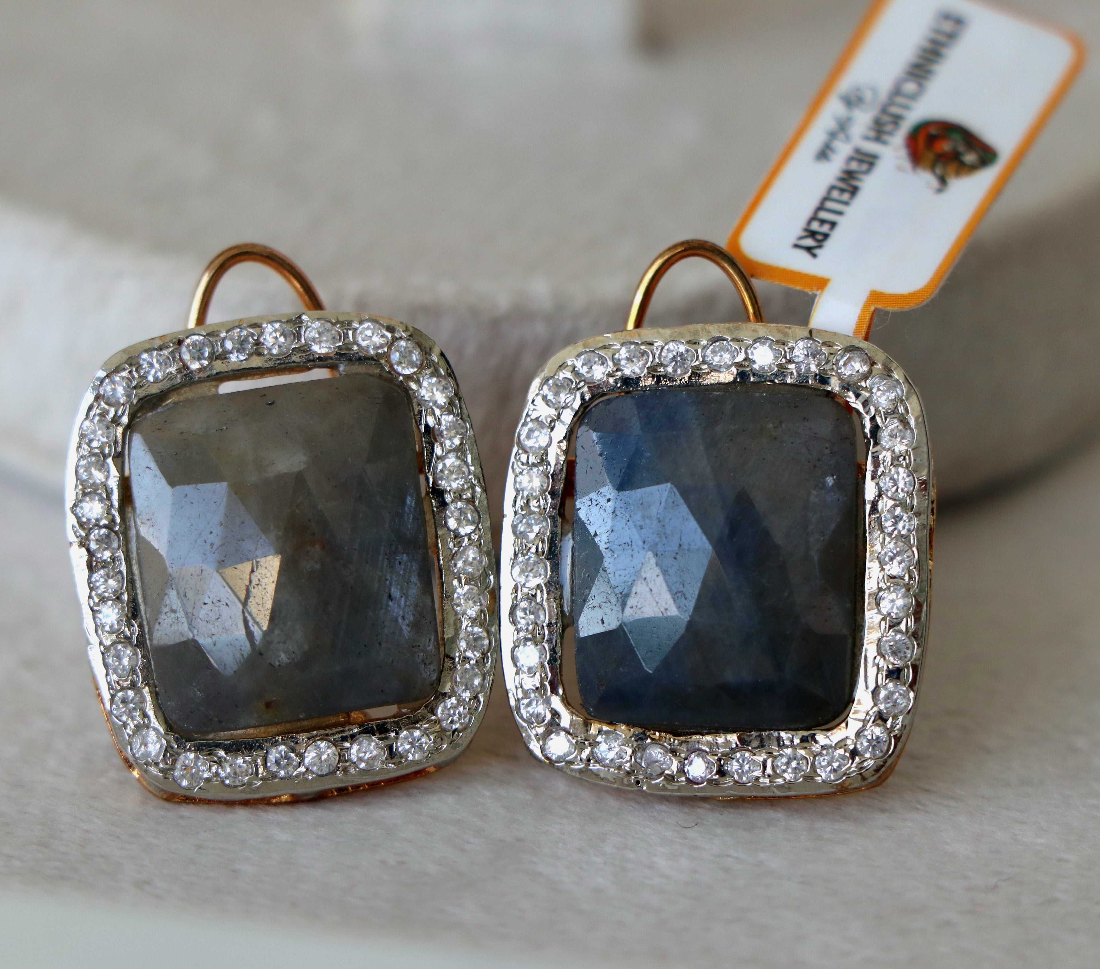 Smoky  Sapphire Square Halo Earrings