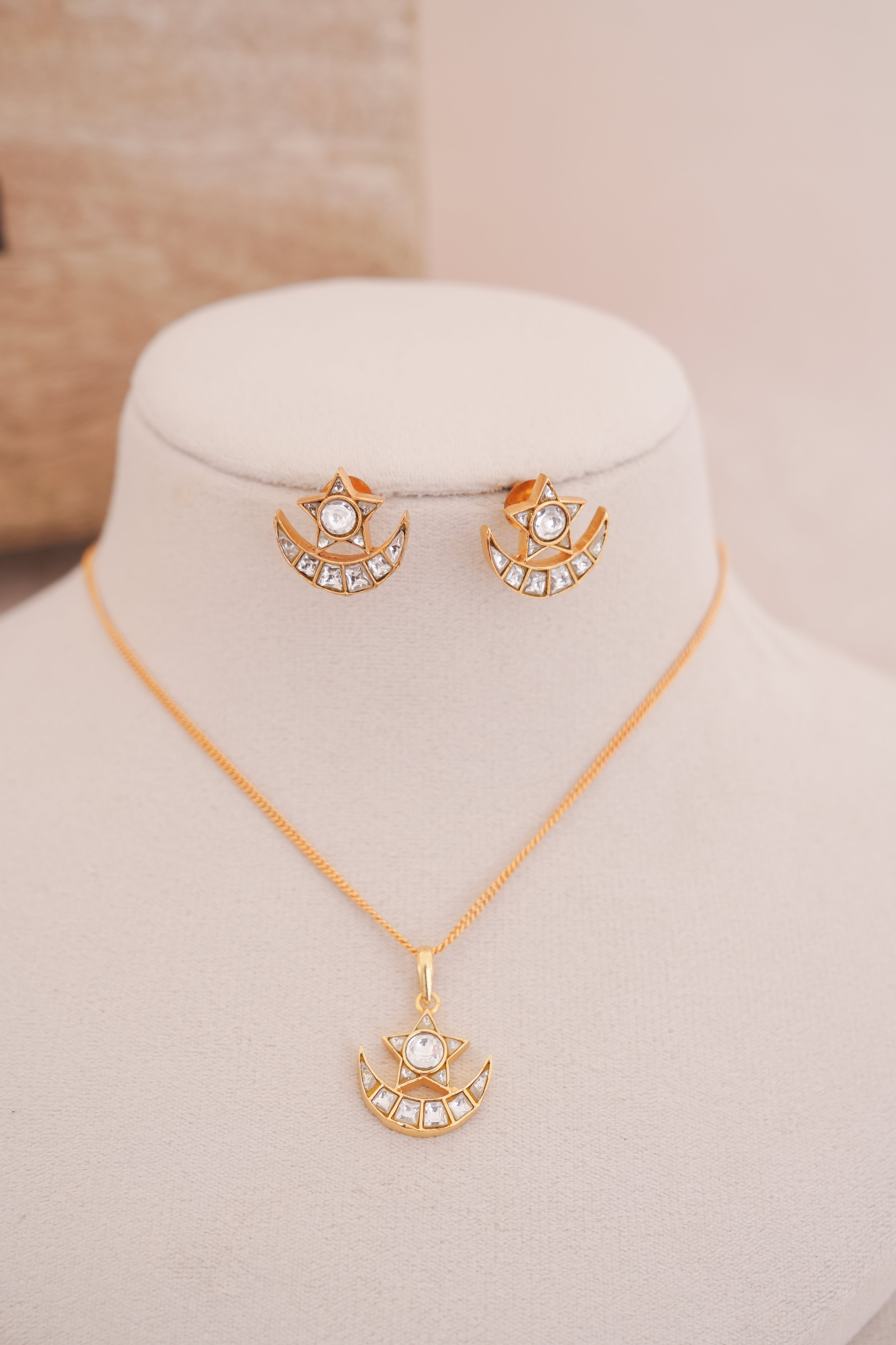 Jadau Star & Crescent Moon Pendant  Set