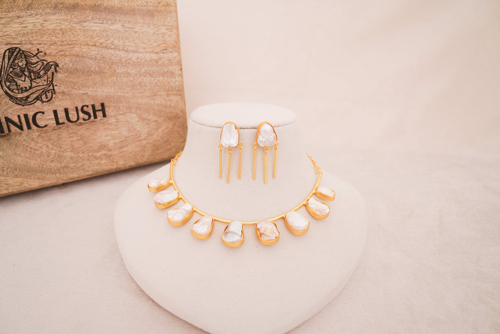 Handcrafted Baroque Freshwater Pearl Statement Choker with Matching Earrings