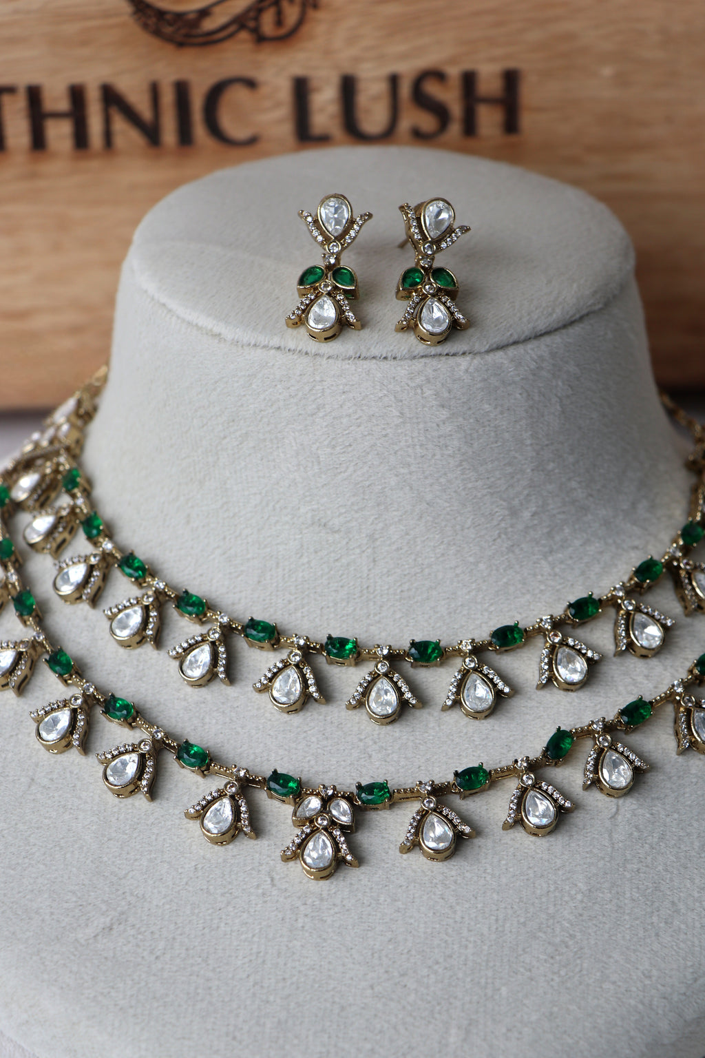 Two Row Green stone Moissanite Teardrop Necklace Set