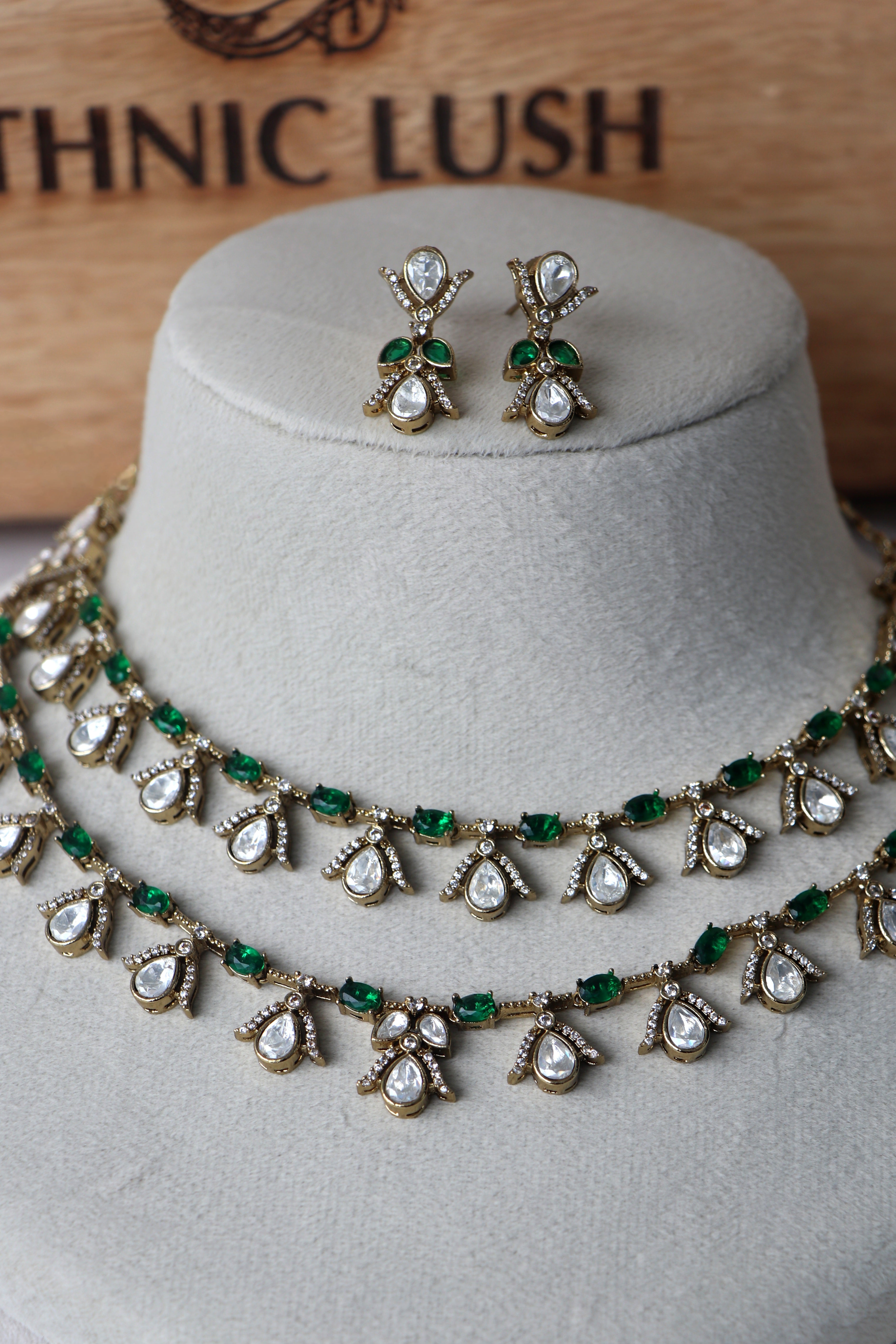 Two Row Green stone Moissanite Teardrop Necklace Set