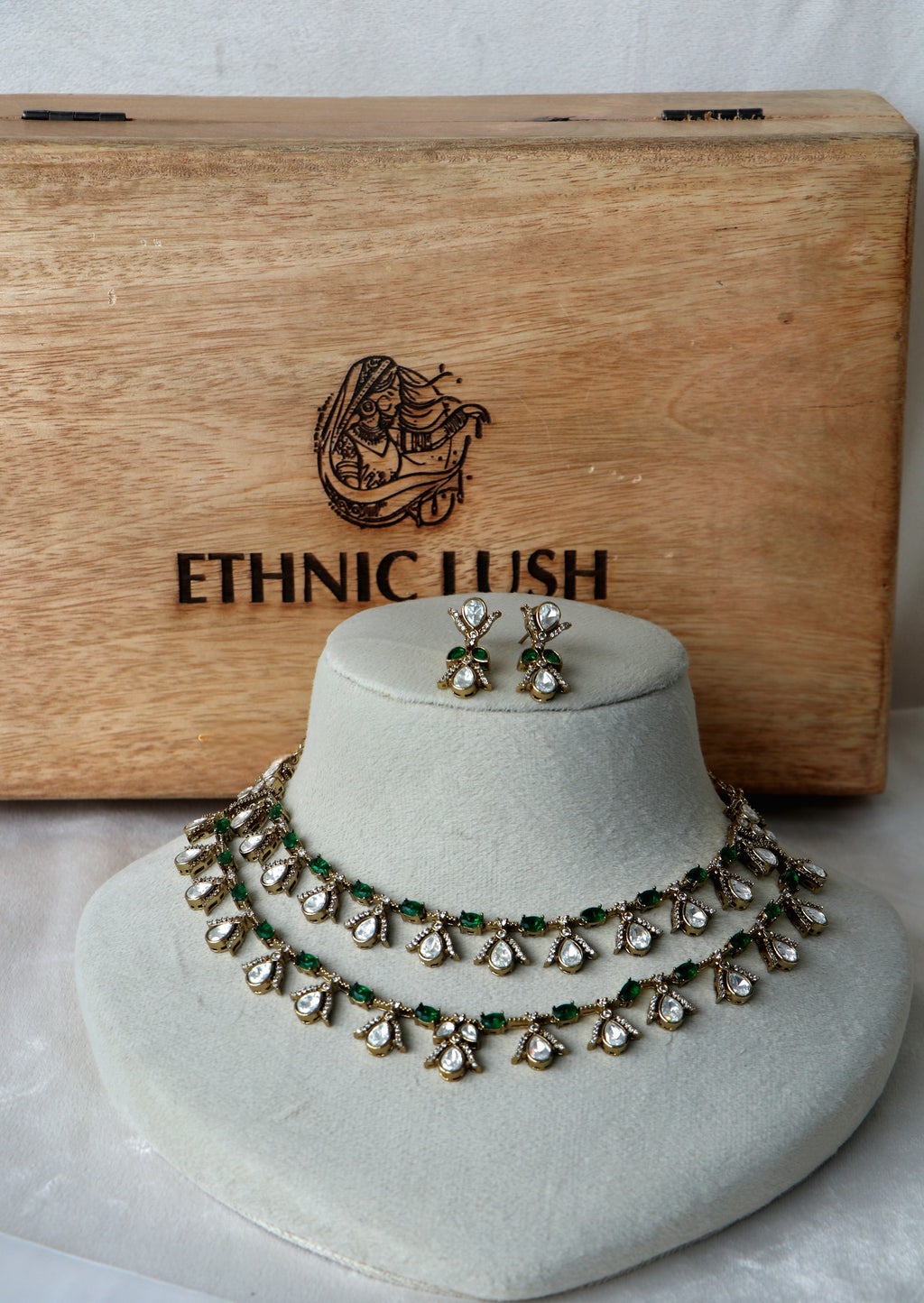 Two Row Green stone Moissanite Teardrop Necklace Set