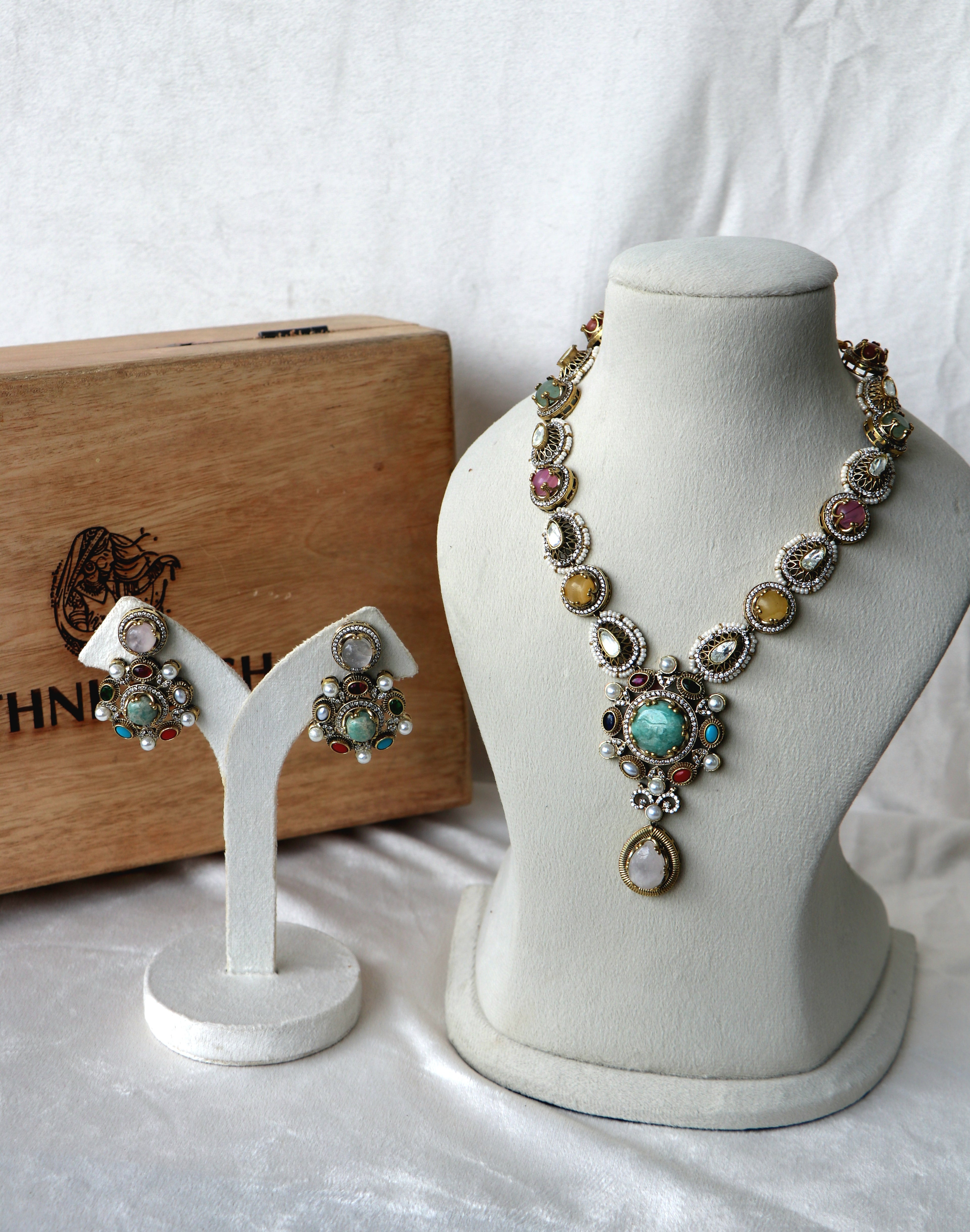 Traditional Multi Stone Sabhya Necklace  Earring Set