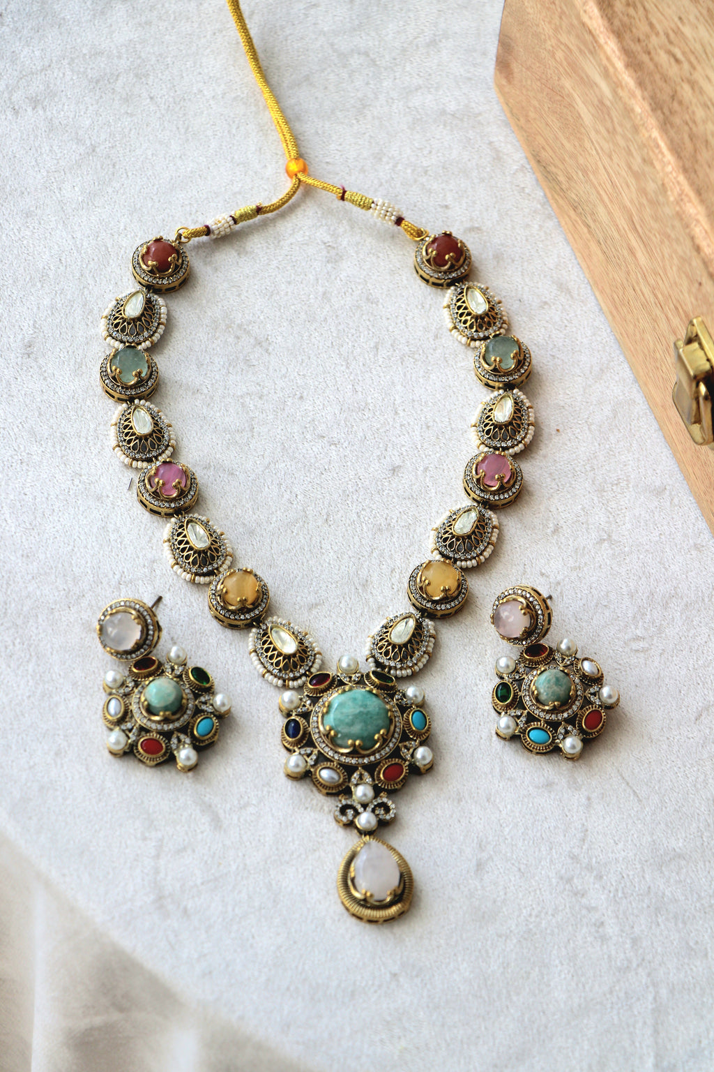 Traditional Multi Stone Sabhya Necklace  Earring Set