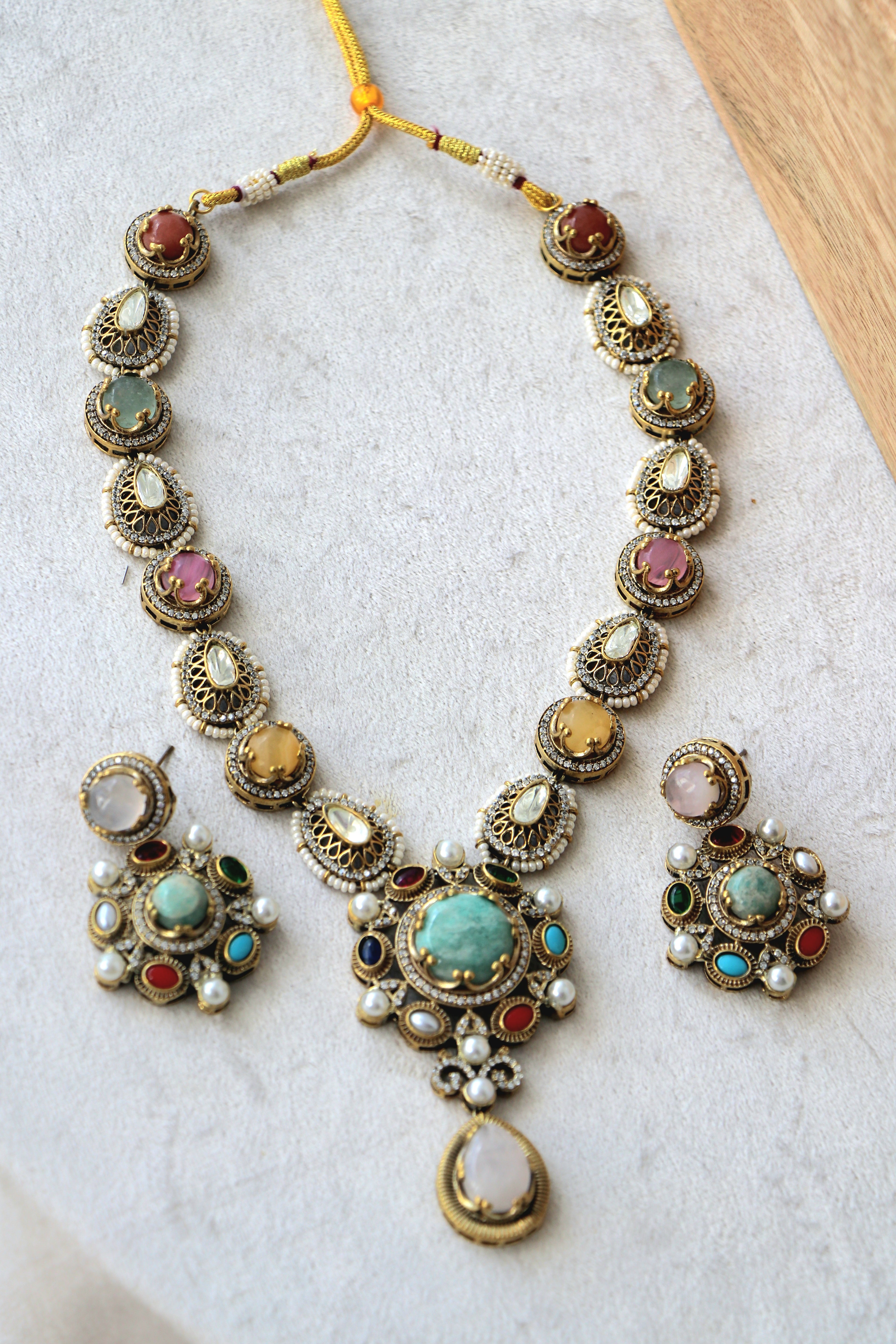 Traditional Multi Stone Sabhya Necklace  Earring Set