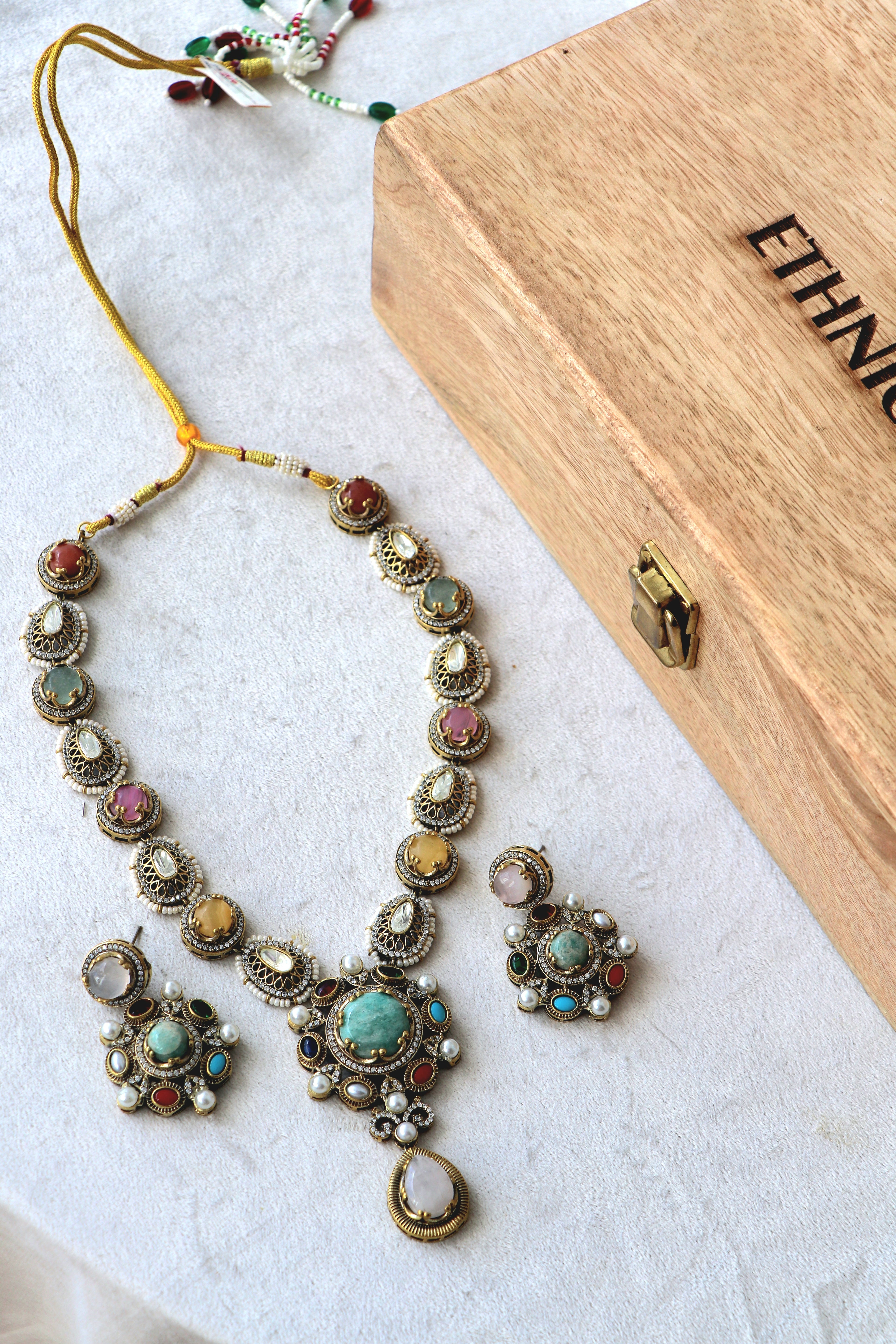 Traditional Multi Stone Sabhya Necklace  Earring Set