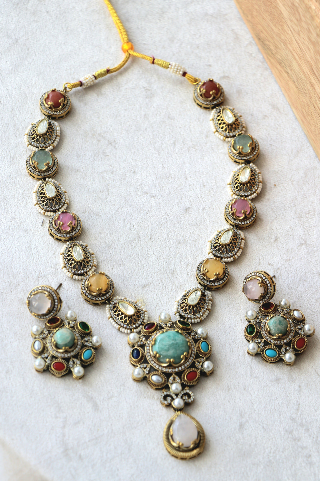 Traditional Multi Stone Sabhya Necklace  Earring Set
