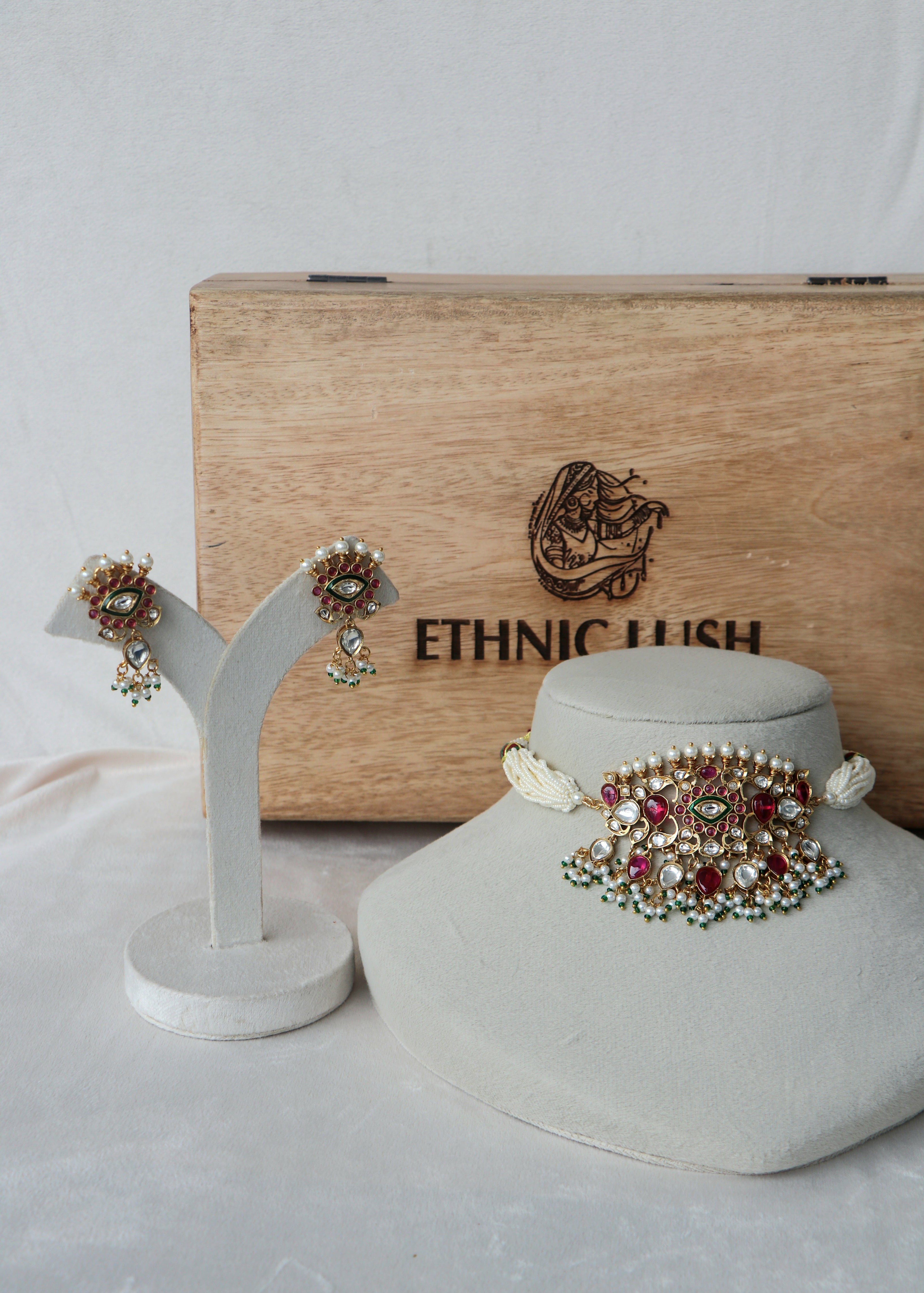 Traditional Ruby Pearl Kundan Necklace  Matching Earrings