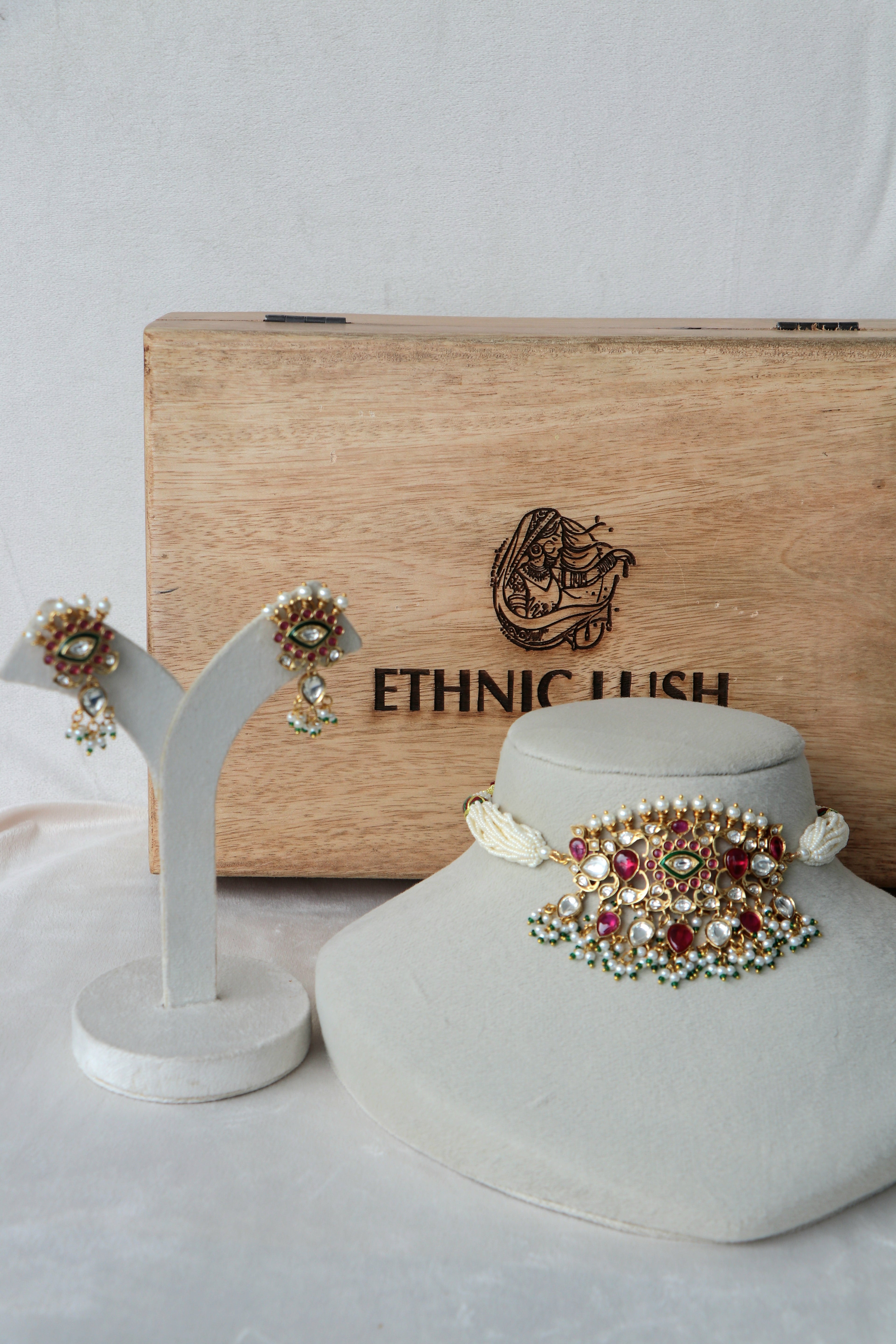 Traditional Ruby Pearl Kundan Necklace  Matching Earrings