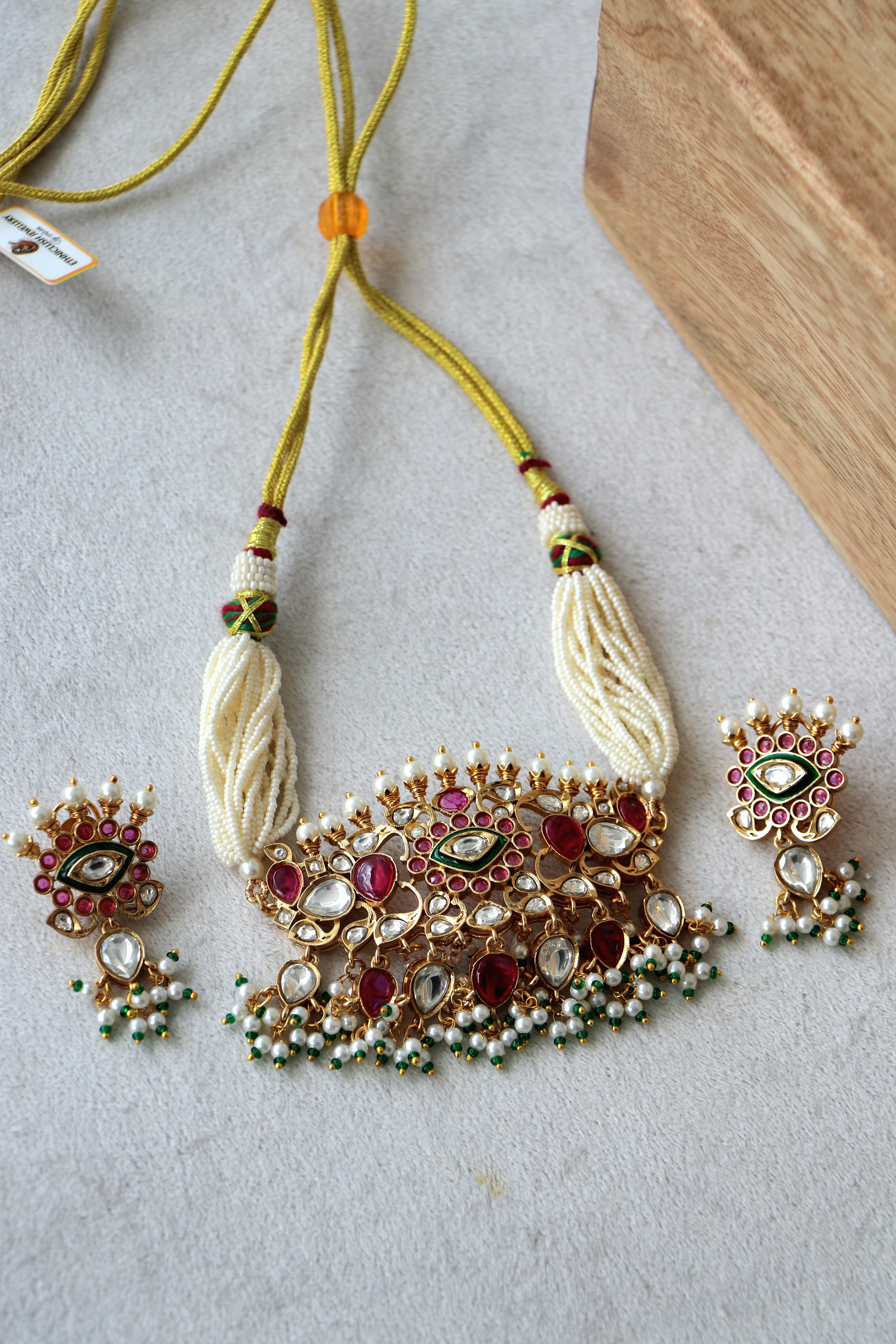 Traditional Ruby Pearl Kundan Necklace  Matching Earrings
