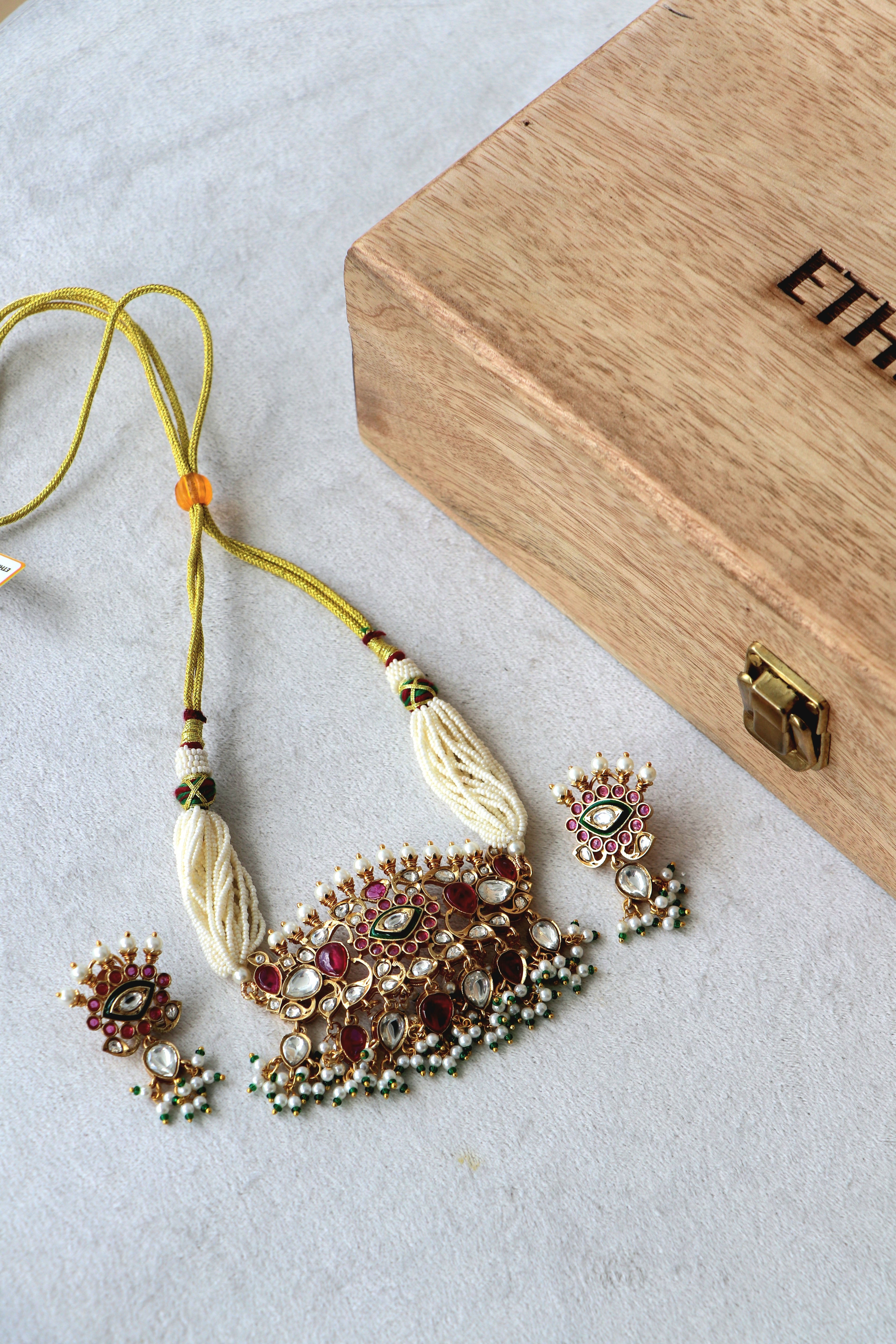Traditional Ruby Pearl Kundan Necklace  Matching Earrings