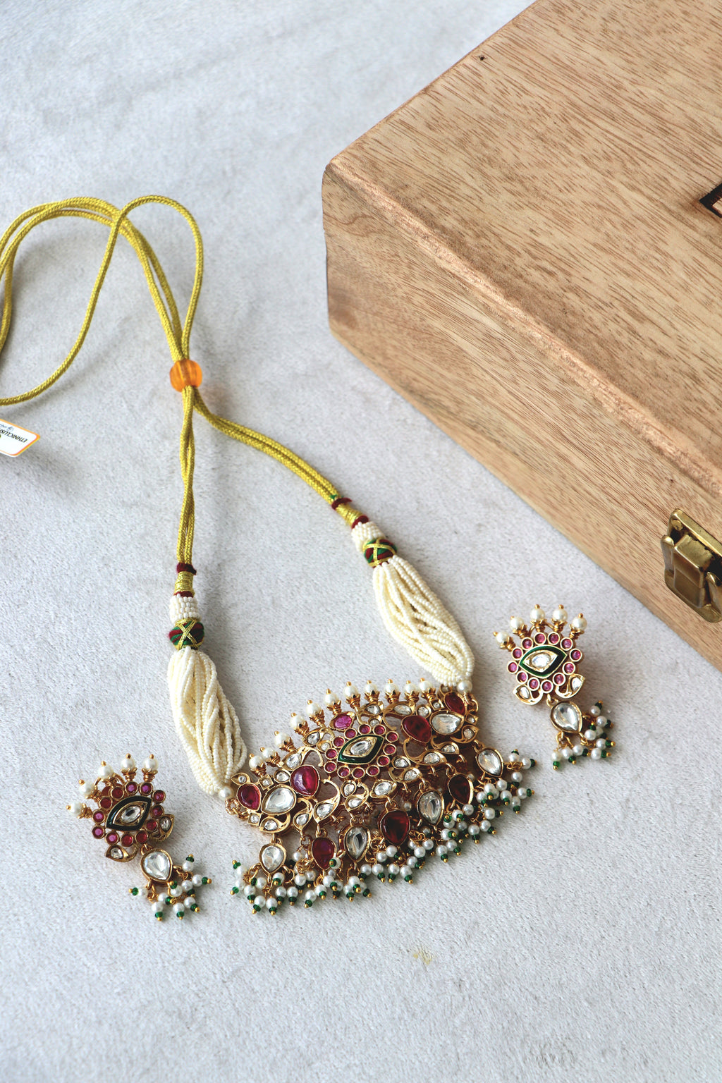 Traditional Ruby Pearl Kundan Necklace  Matching Earrings