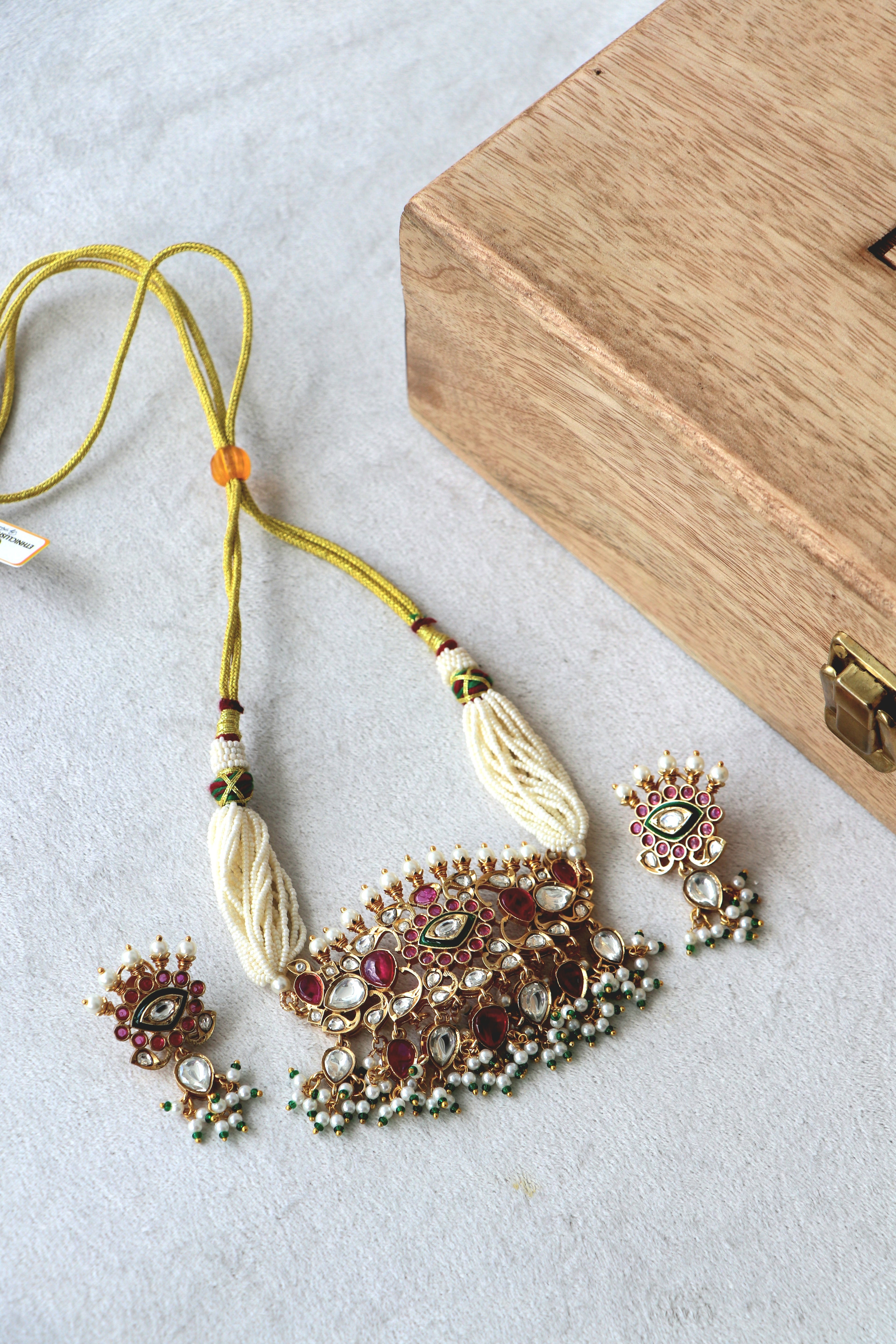 Traditional Ruby Pearl Kundan Necklace  Matching Earrings