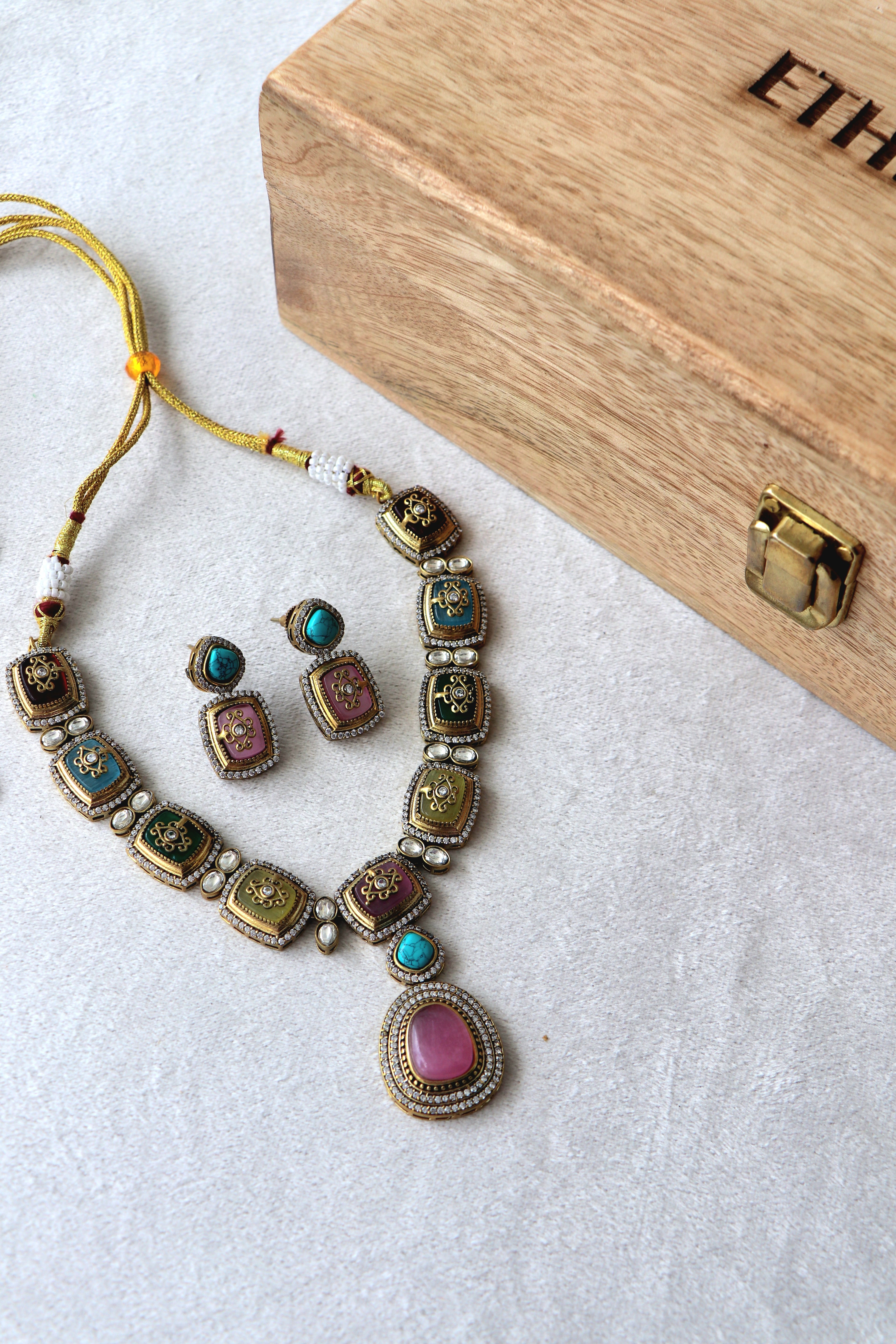 Victorian Turquoise Pink Kundan Inlay Necklace Set