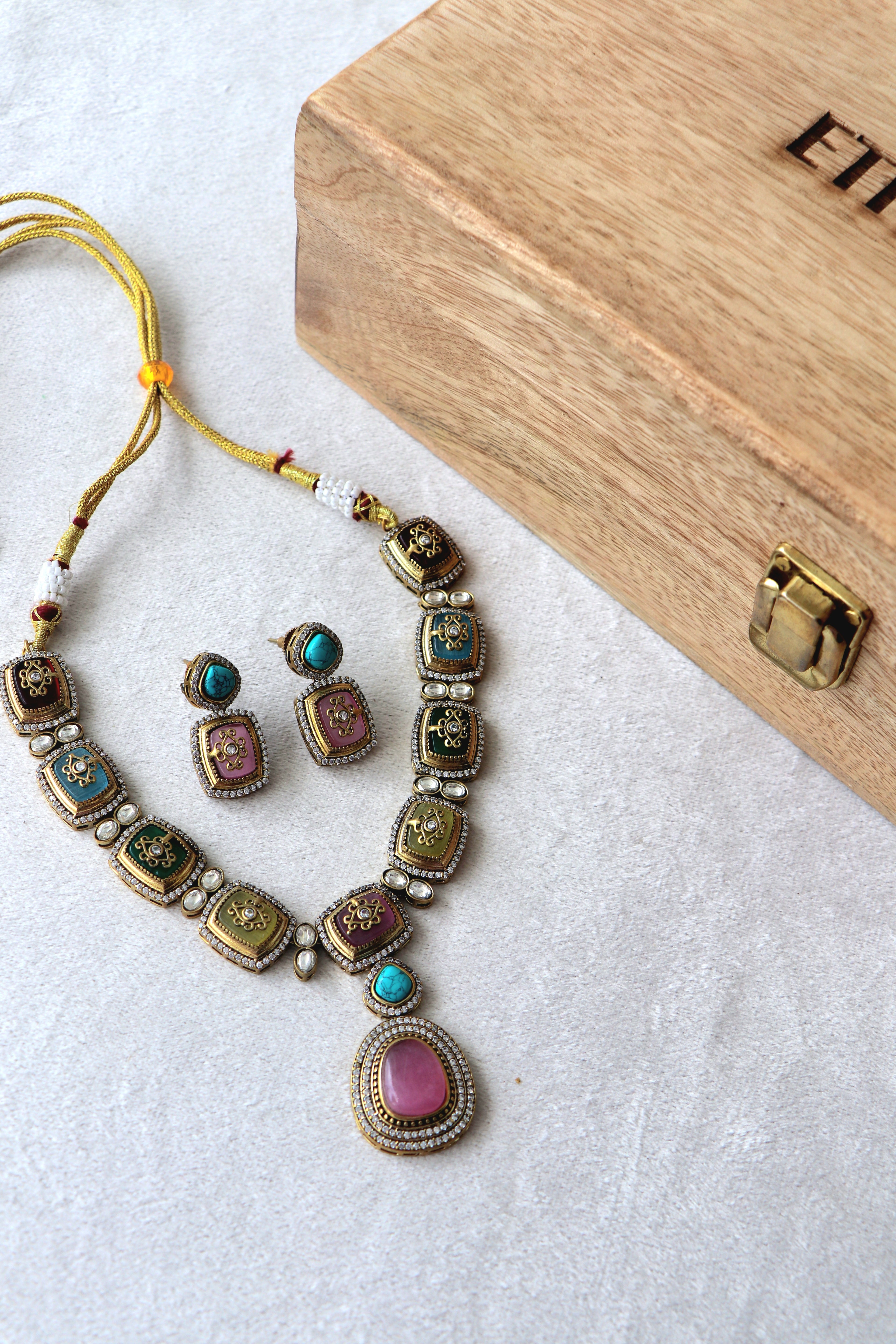 Victorian Turquoise Pink Kundan Inlay Necklace Set