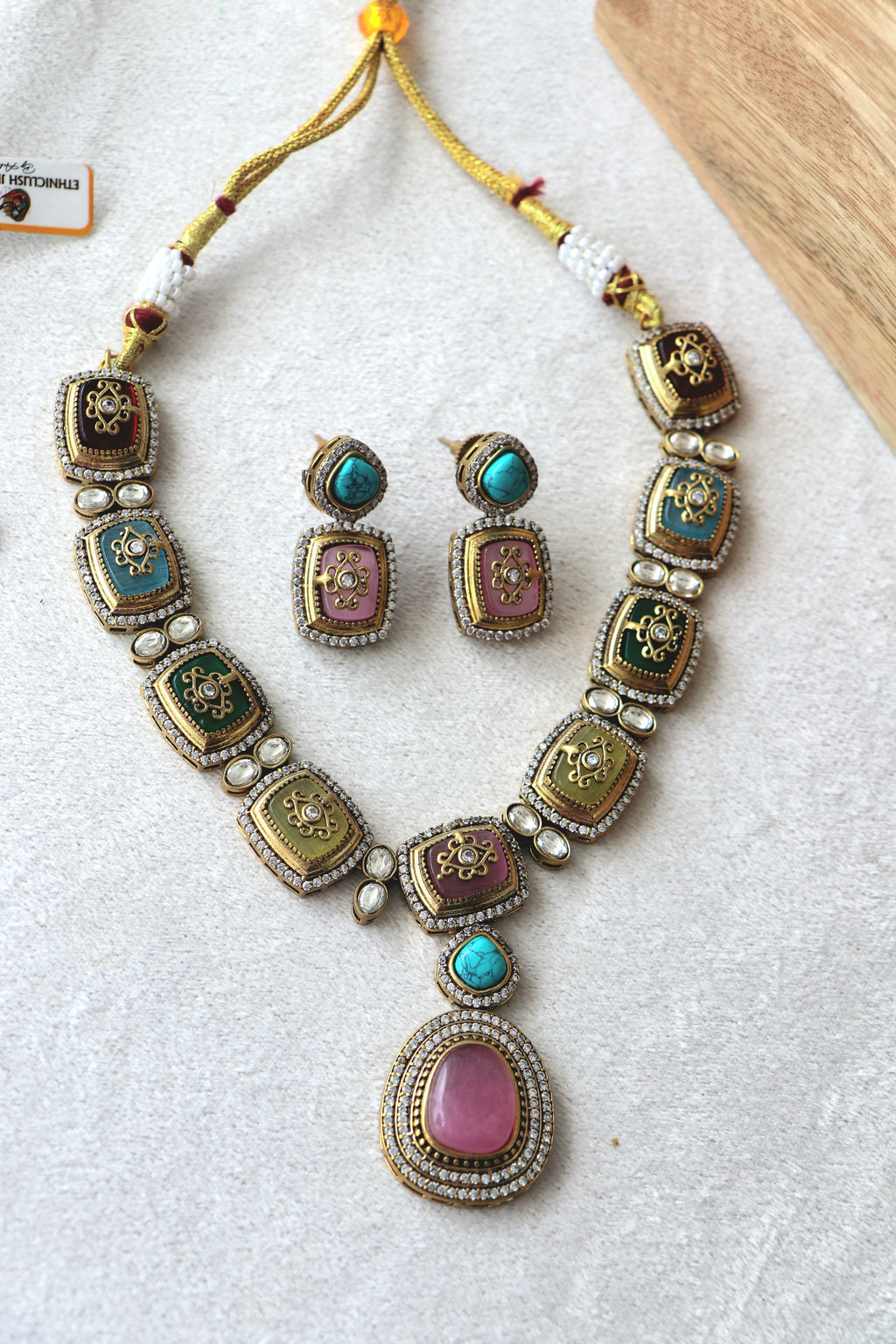 Victorian Turquoise Pink Kundan Inlay Necklace Set